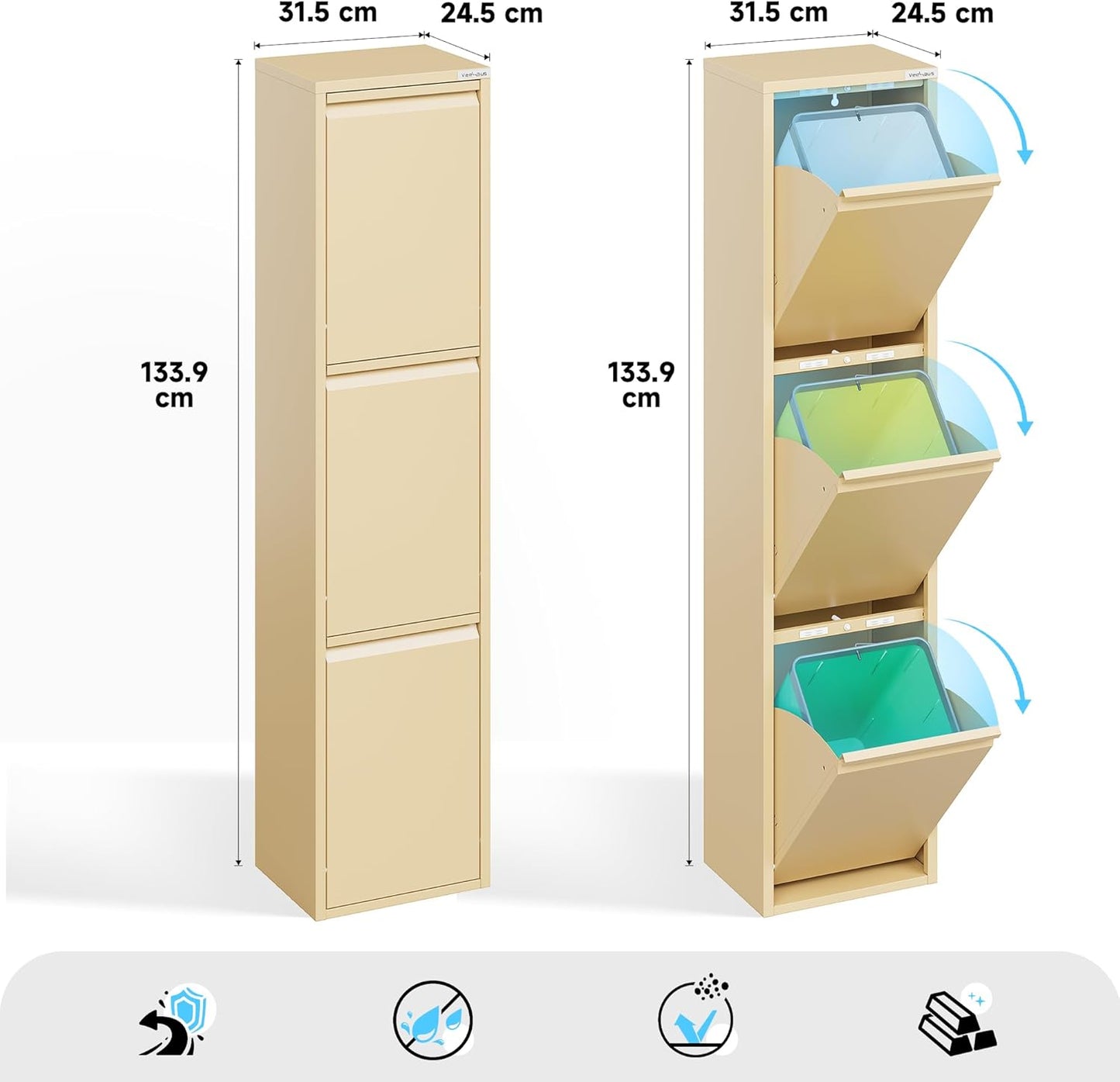 Küchenmülleimer mit Klappen, Beige, 3 X 15 L