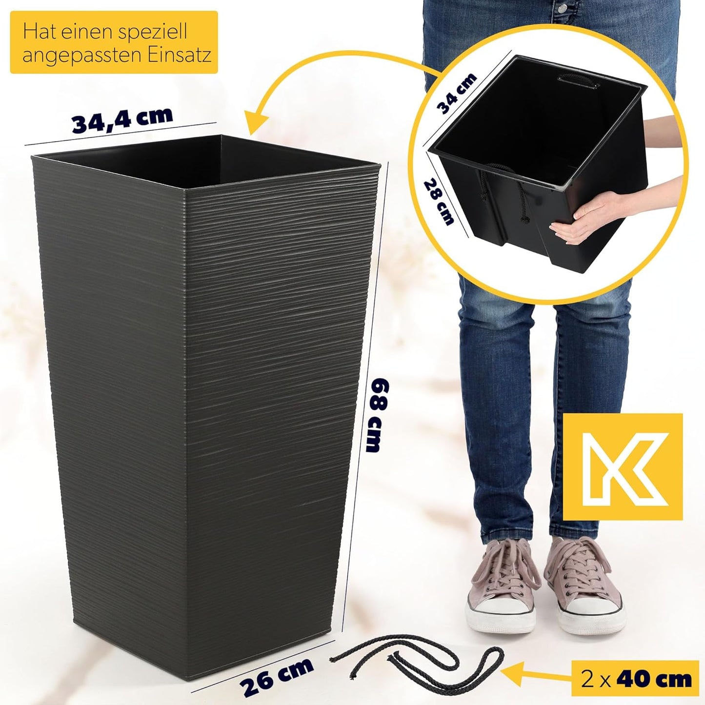 Pflanzkübel mit Innentopf für Garten & Balkon, 68cm Höhe|Grafit