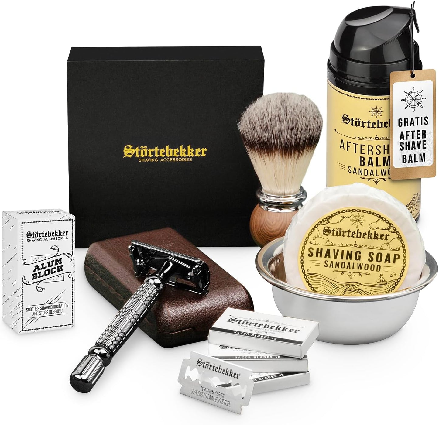 Shaving Essential Set, Rasierhobel Schwarz / Lederetui Café
