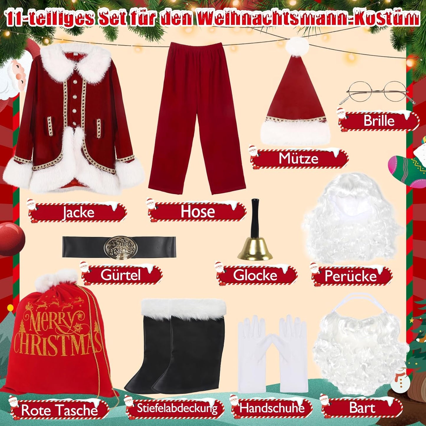 11-teiliges Weihnachtsmann-Kostüm-Set, XL
