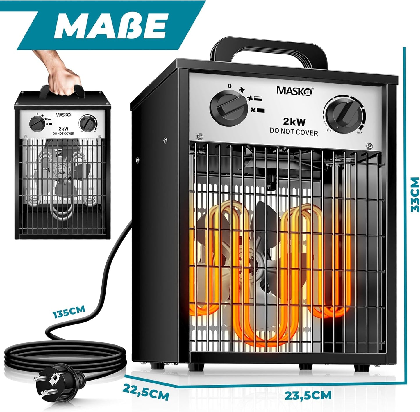 Elektroheizer mit Thermostat, 2 KW - Eckig Weiß
