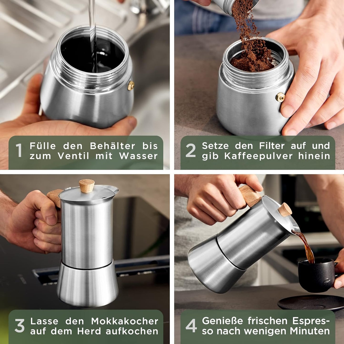 Mokka Espressokocher, Edelstahl 6 Tassen