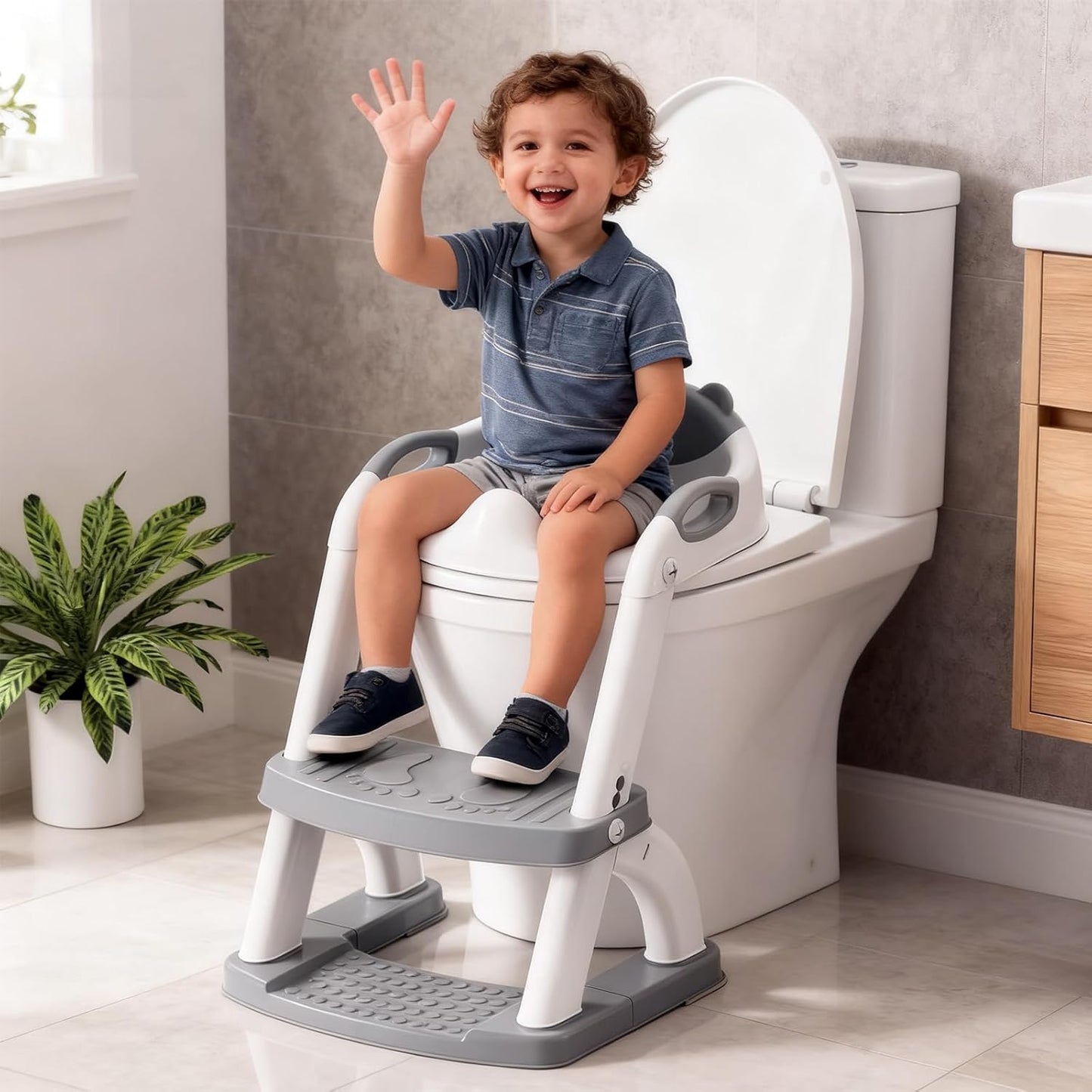 2-in-1 Toilettenaufsatz mit Treppe für Kinder, Grau-8898