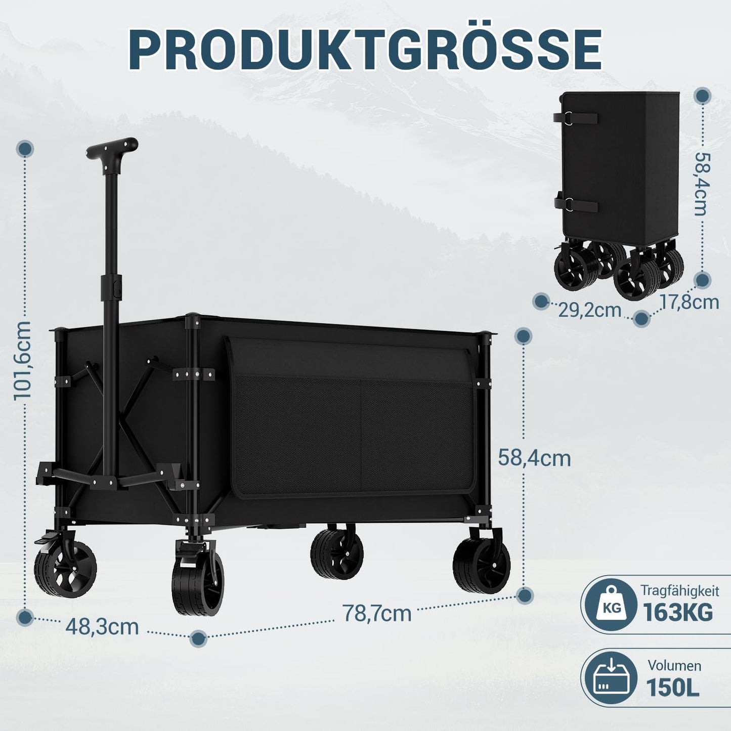 Faltbarer Bollerwagen mit All-Terrain-Rädern & Bremse, Schwarz 150L
