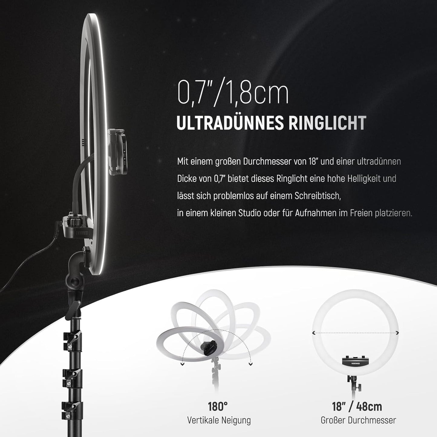 Ringlicht RP18B Pro mit Stativ und Handyhalterung, RP18B Pro mit Reinigungstuch