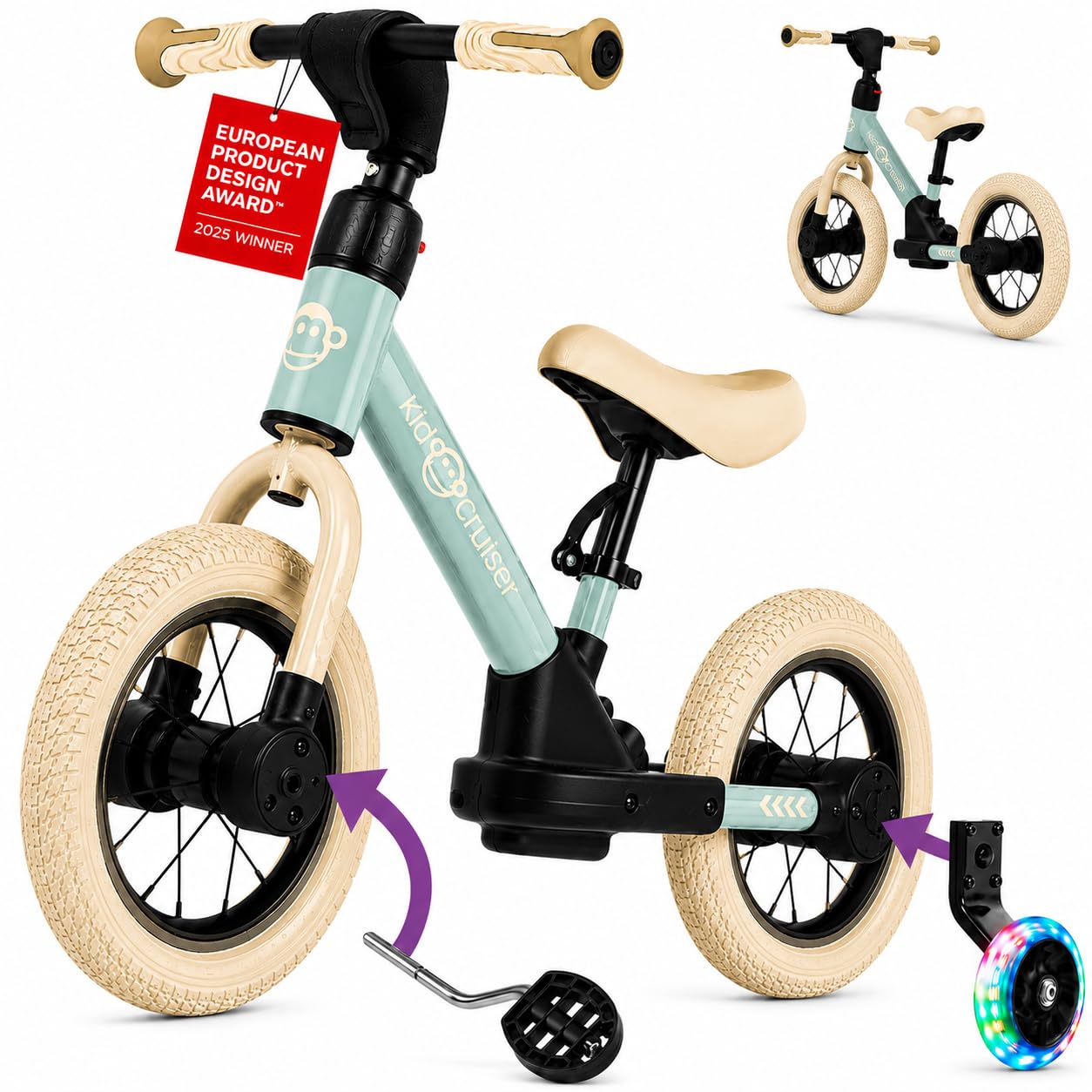 Pedalplay 3in1 Laufrad mit LED-Stützrädern & Pedalen, Sanftes Grün & Cremeweiss