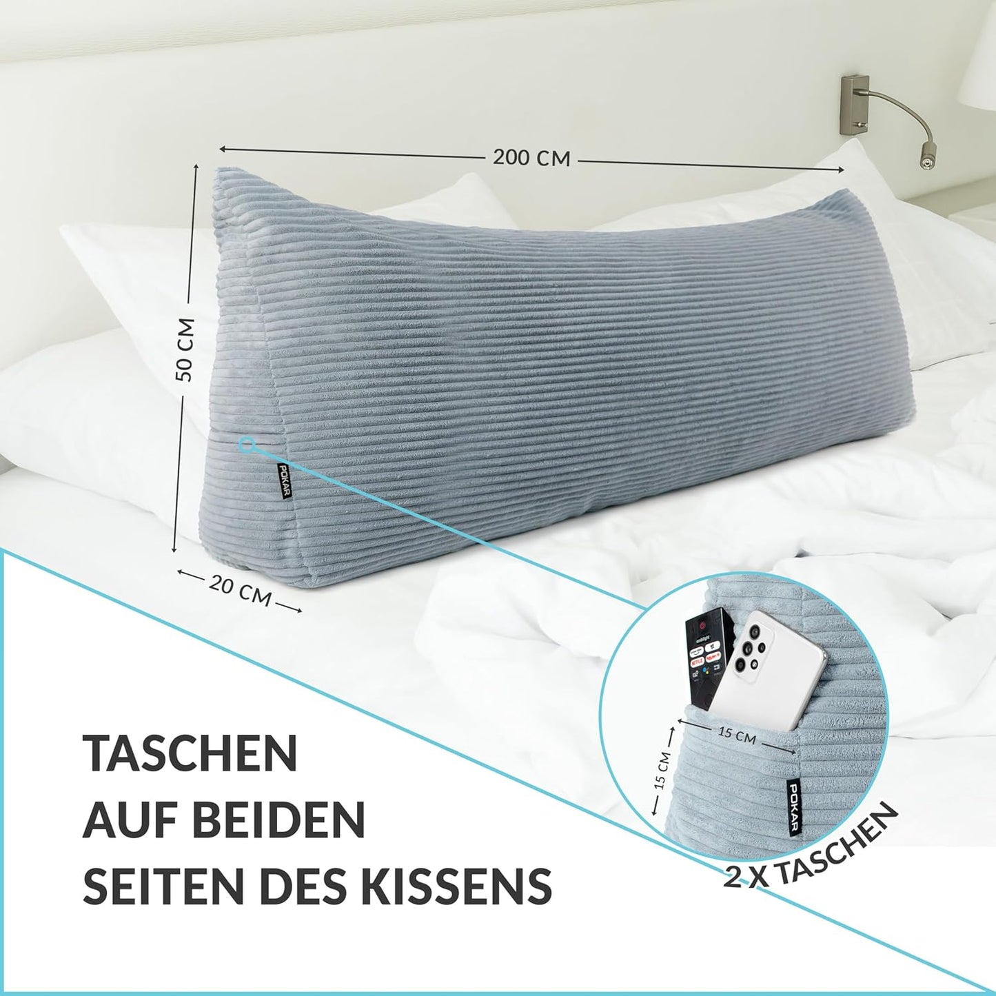 Rückenkissen mit Seitentaschen, 200x50 Dunkelgrau