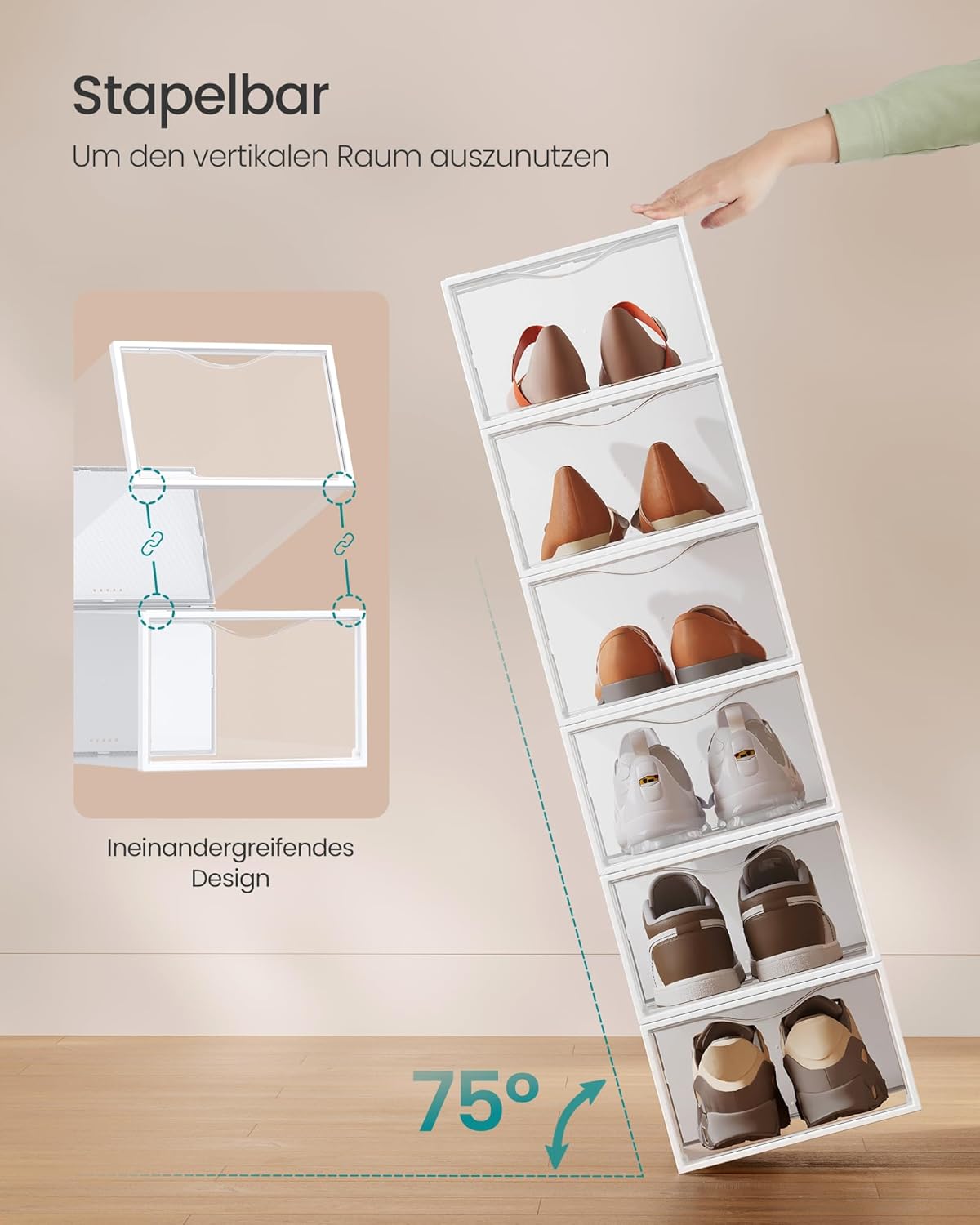 Schuhboxen-Set, stapelbare Schuh-Organizer (18 Stück), Transparent + Wolkenweiss 18