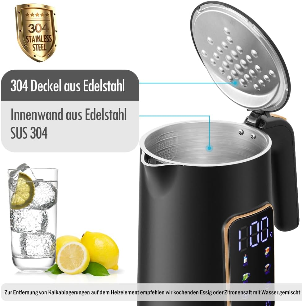 Edelstahl Wasserkocher mit Temperatureinstellung (1,7L), Schwarz 6017