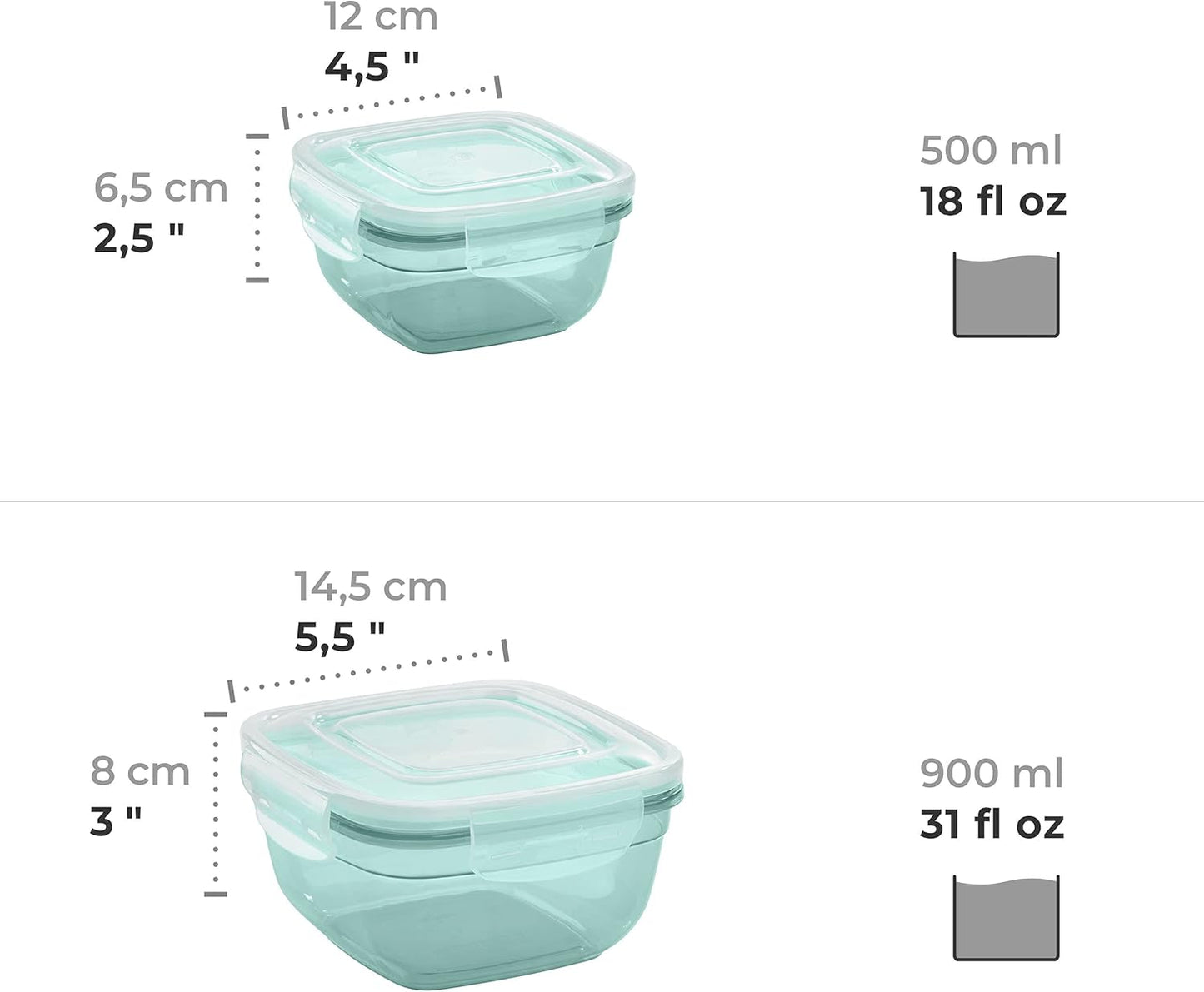 4er-Set Frischhaltedosen, Quadratisch-mintgrün