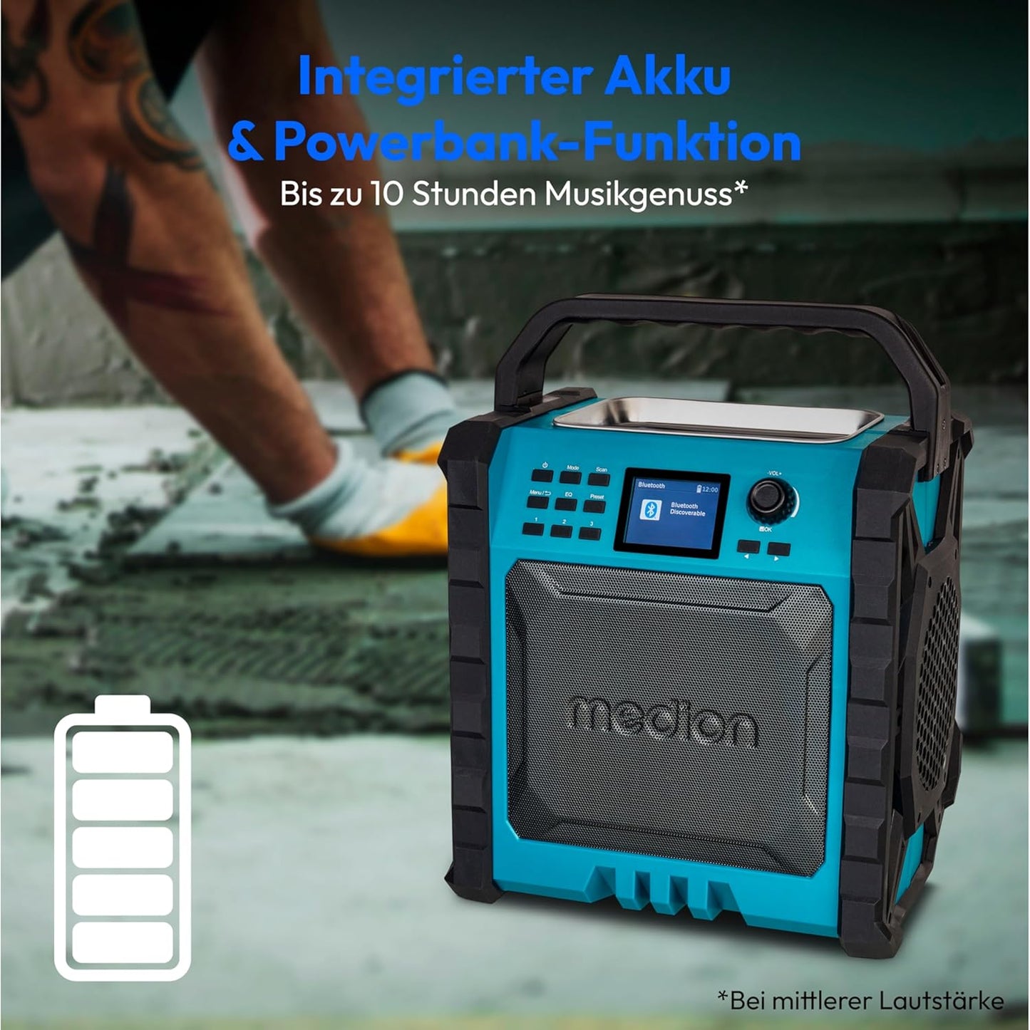 Baustellenradio mit Bluetooth und Powerbank-Funktion, Vertikal | 30 Watt (RMS)