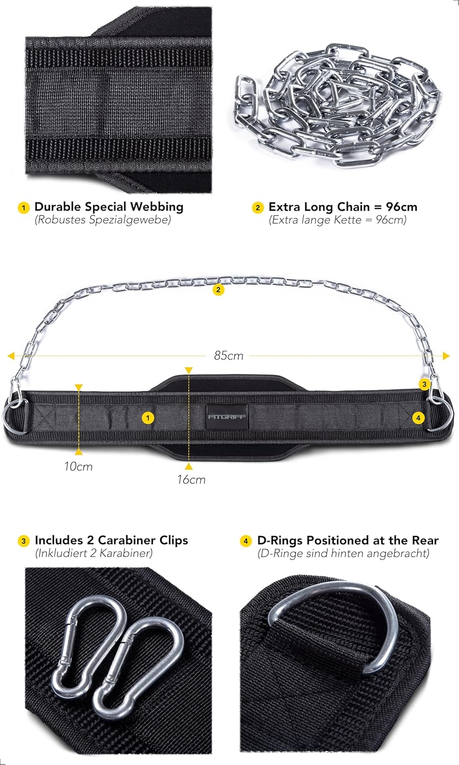 Dip Gürtel mit Kette und Karabiner für Krafttraining, Schwarz Einheitsgrösse