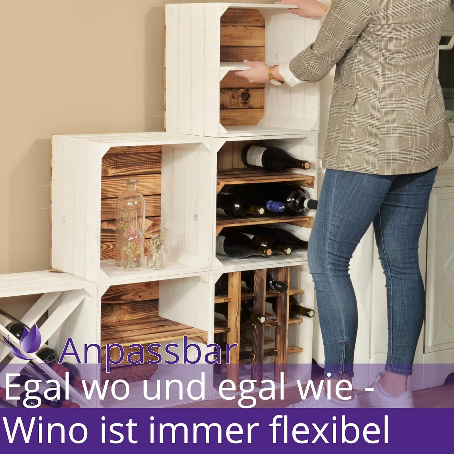 Weinregal aus Holz - Geflammte Holzkisten (2 Stück), 1 2x Geflammt Regal
