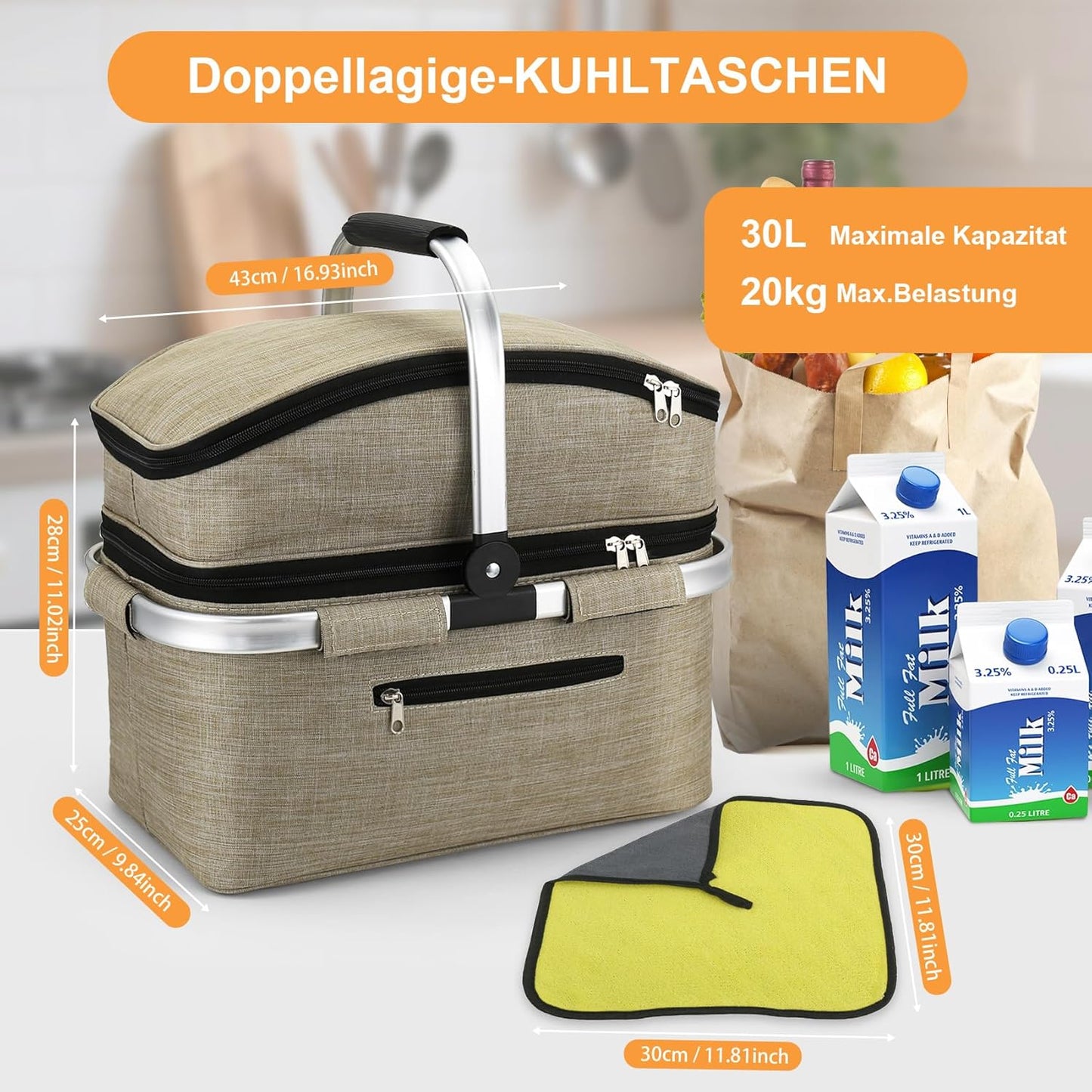 Faltbarer Kühlkorb mit gepolsterten Griffen, Khaki