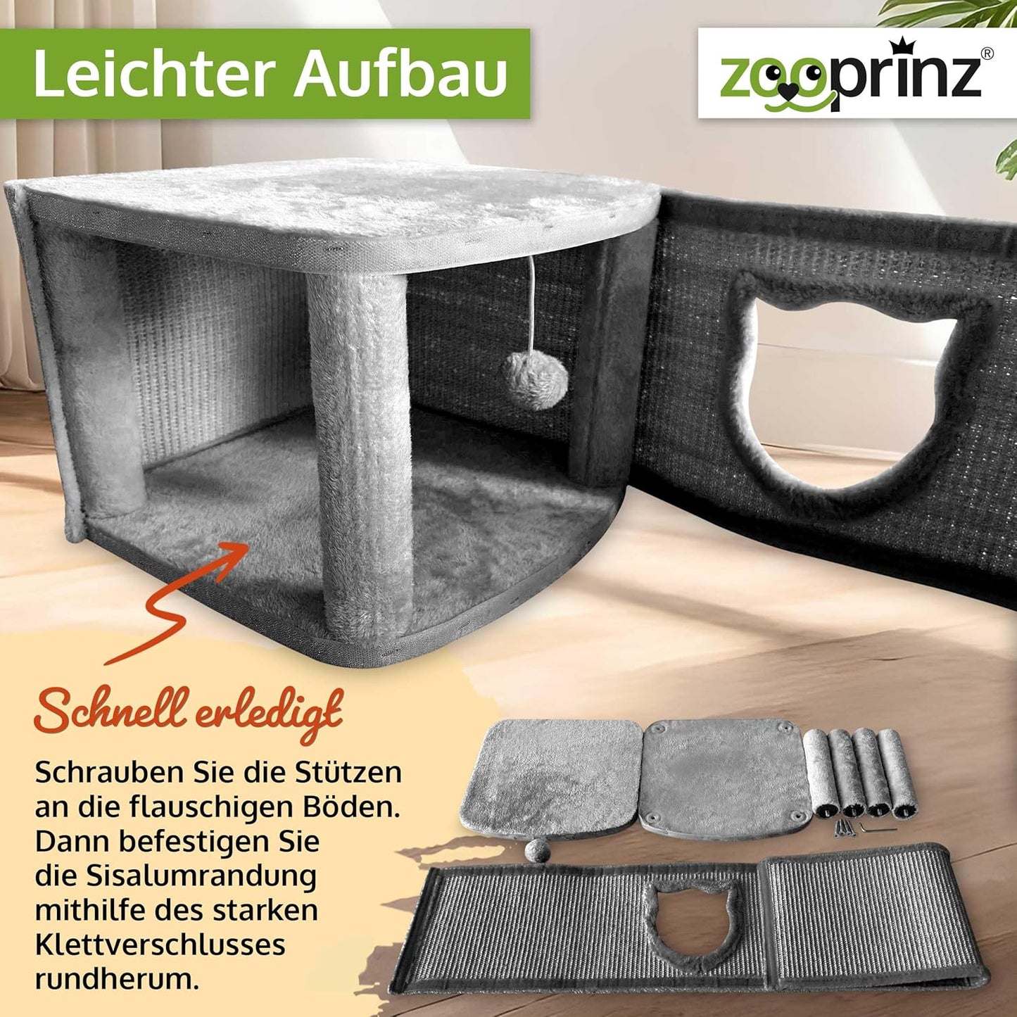 Katzenhaus mit Sisalwänden und Plüschhöhle, Grau