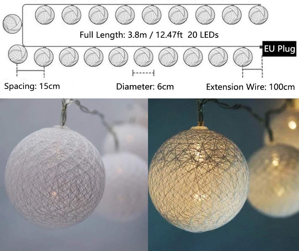 Lichterkette Baumwollkugeln, Weiss Stecker