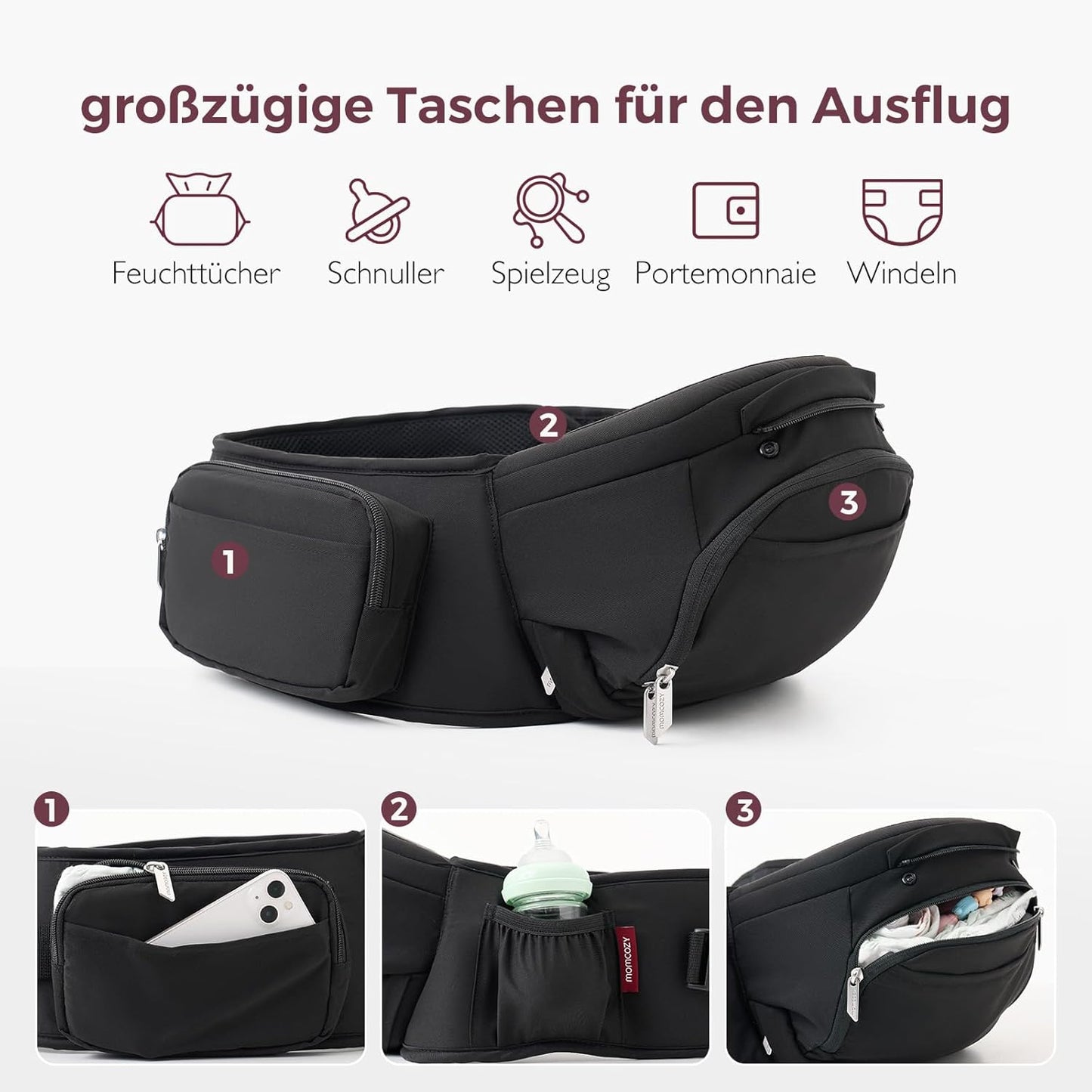 Verstellbare Babytrage mit Hüftkissen, Schwarz