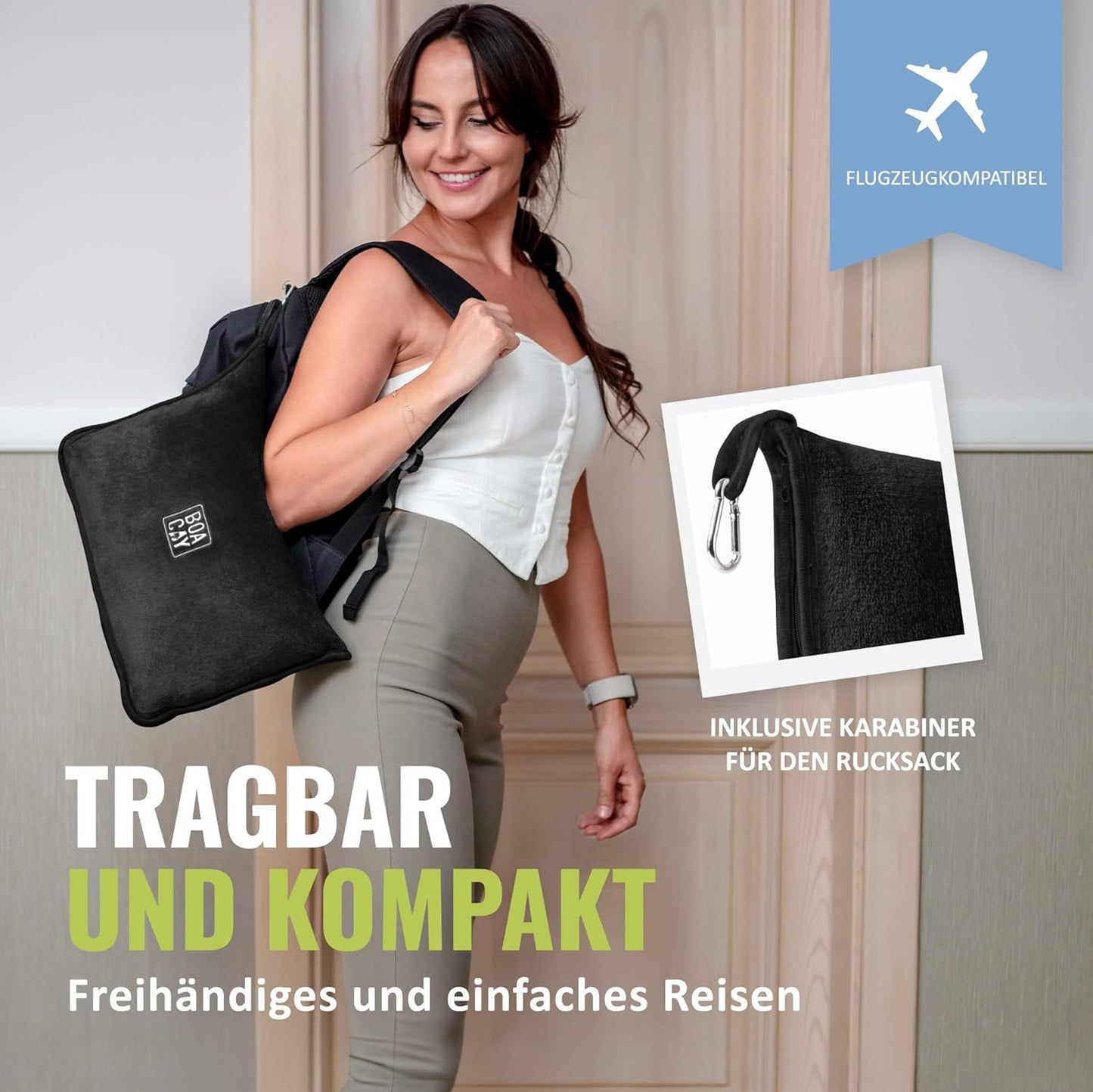 Reisedecke mit Kissen & Rucksackclip, Schwarz