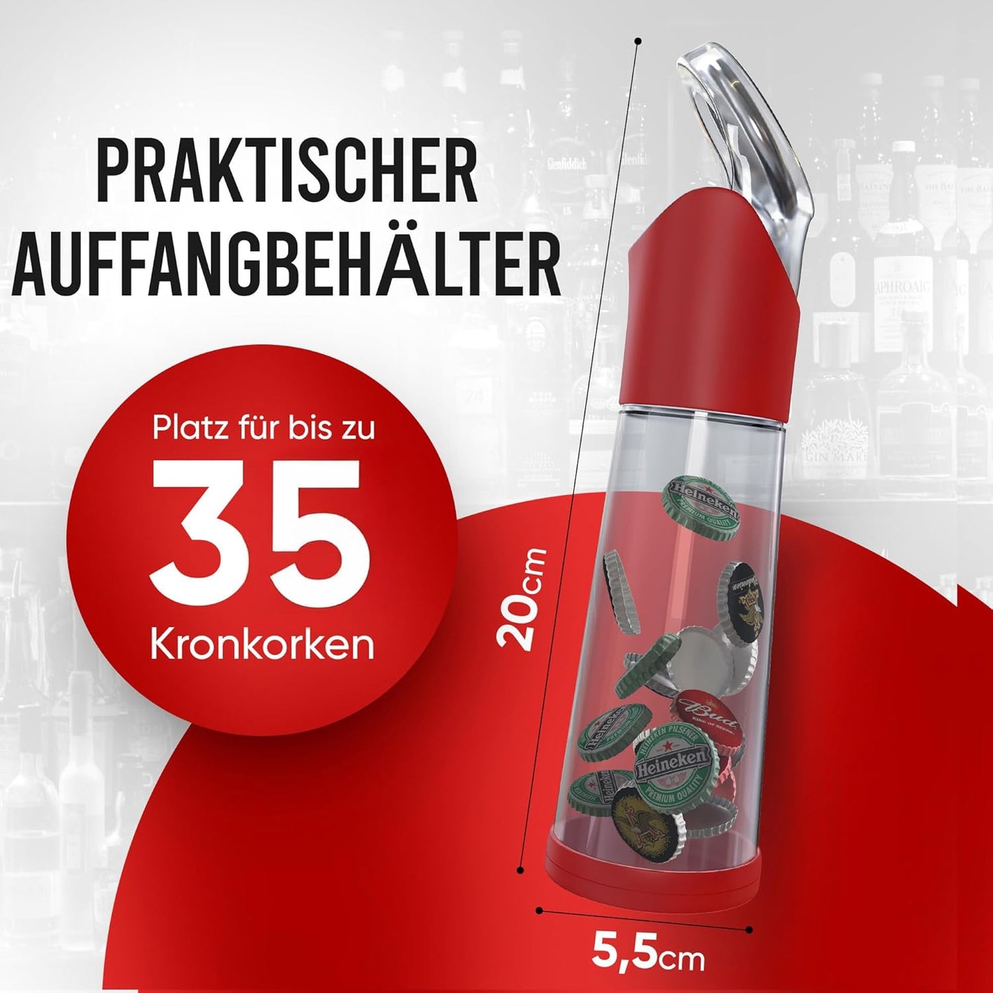 Flaschenöffner mit Auffangbehälter für Kronkorken, Rot
