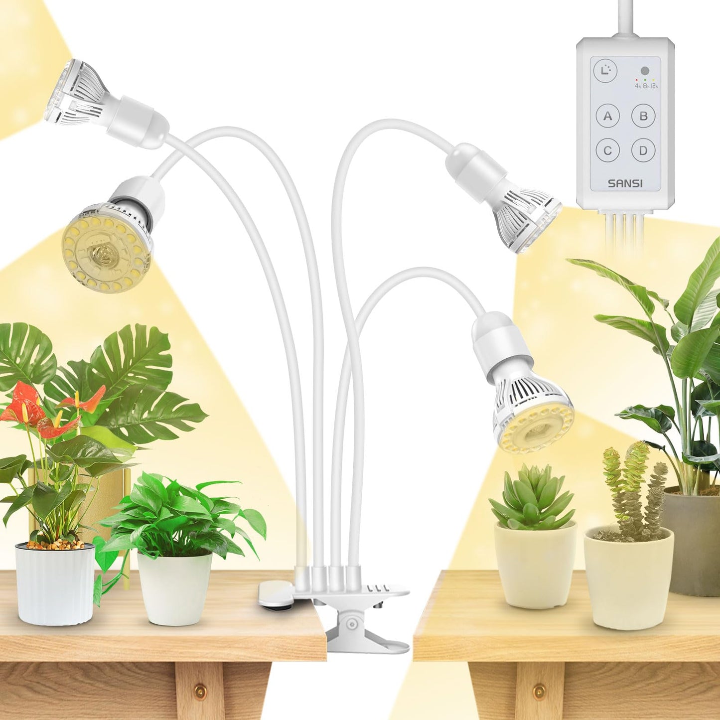 LED-Pflanzenlampe mit Timer und Clip-On, Weiss 4-Kopf Clip-on mit Timer