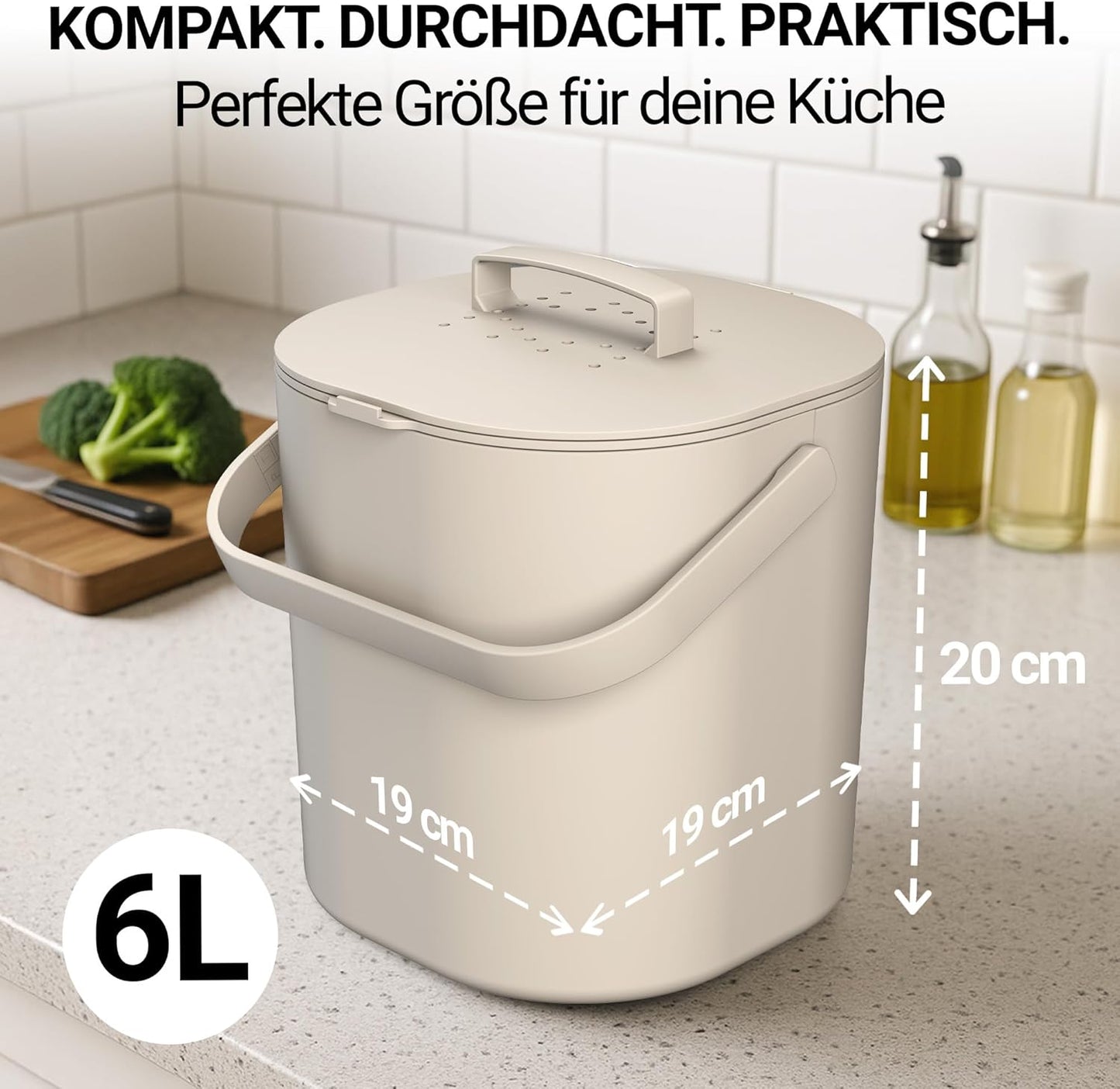 Biomülleimer mit Aktivkohlefilter, Beige mit Aktivkohlefilter