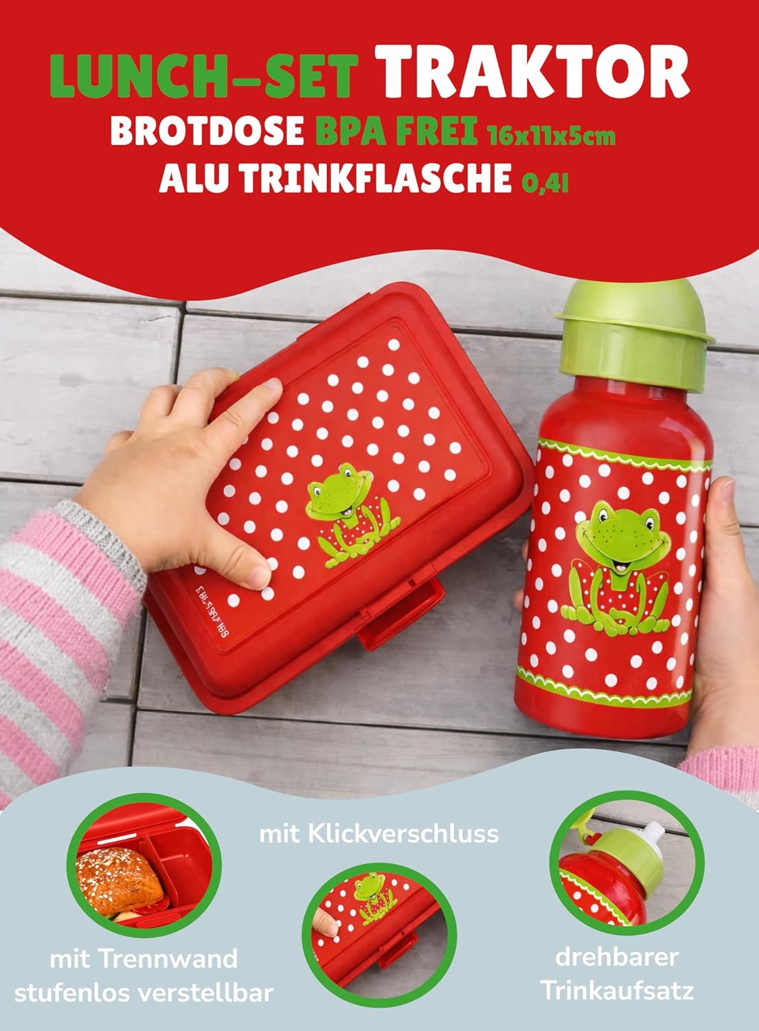 4-teiliges Kindergartenrucksack-Set, Frosch - Rot Rucksack-Set