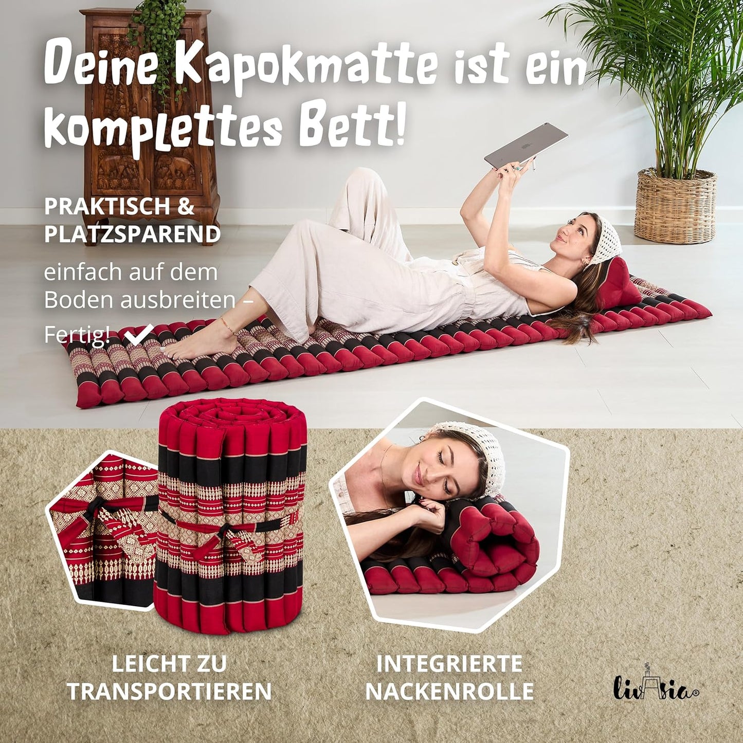 Rollmatratze Gästebett Thaimatte (1 Person), S (200 x 50 cm) Rot/Schwarz