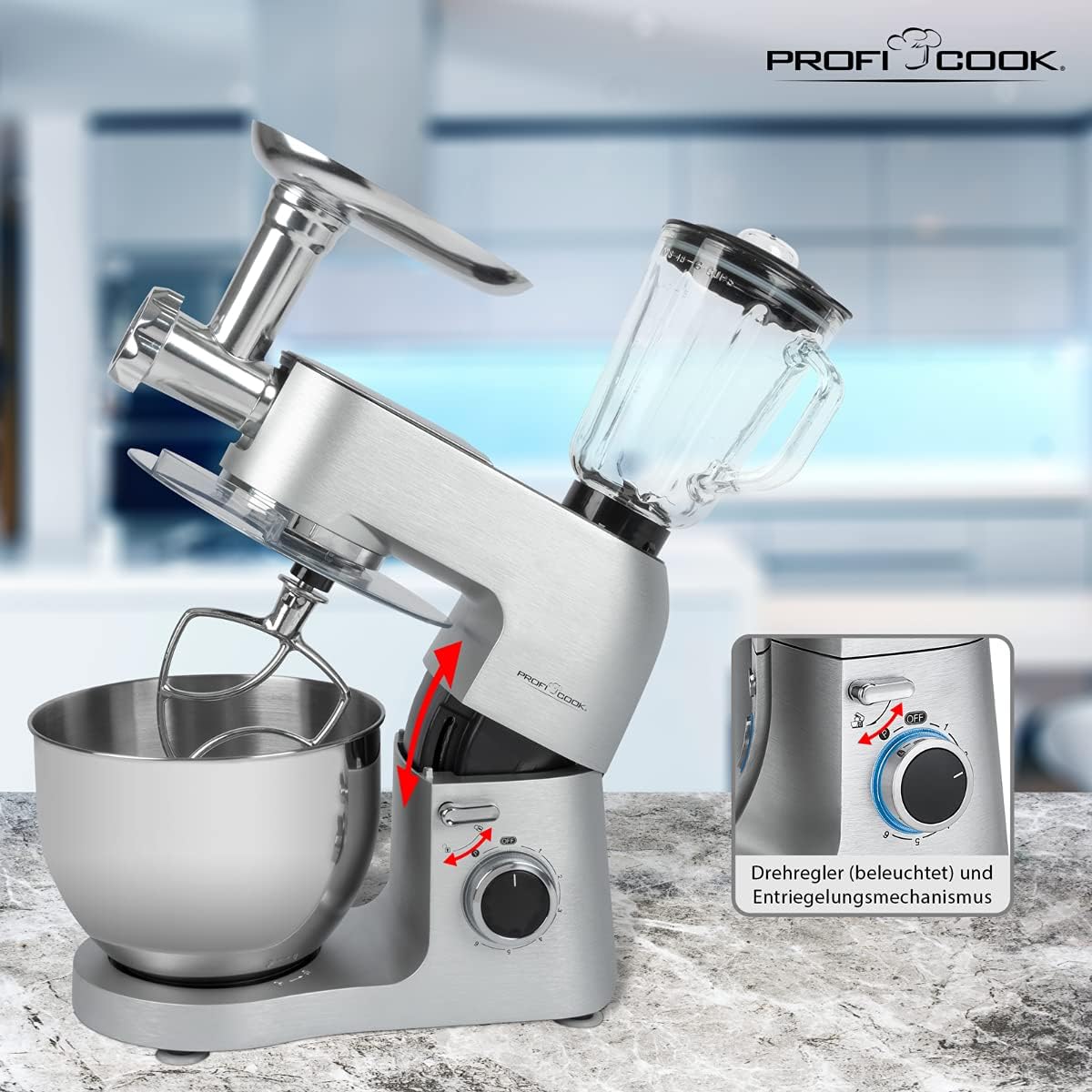 3in1 Knetmaschine mit Fleischwolf & Mixer, 6,7 Liter inkl. Felsichwolf & Mixer