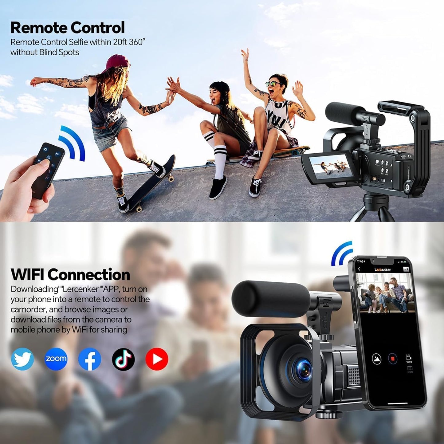 AC12C Videokamera Camcorder 5K mit Nachtsicht, Fernbedienung, Mikrofon und Stabilisator, Black