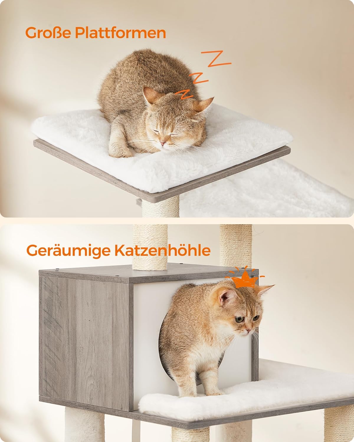 Mehrstöckiger Katzenkratzbaum mit Kuschelhöhle, Greige 55 cm Länge, 45 cm Breite, 138 cm Höhe