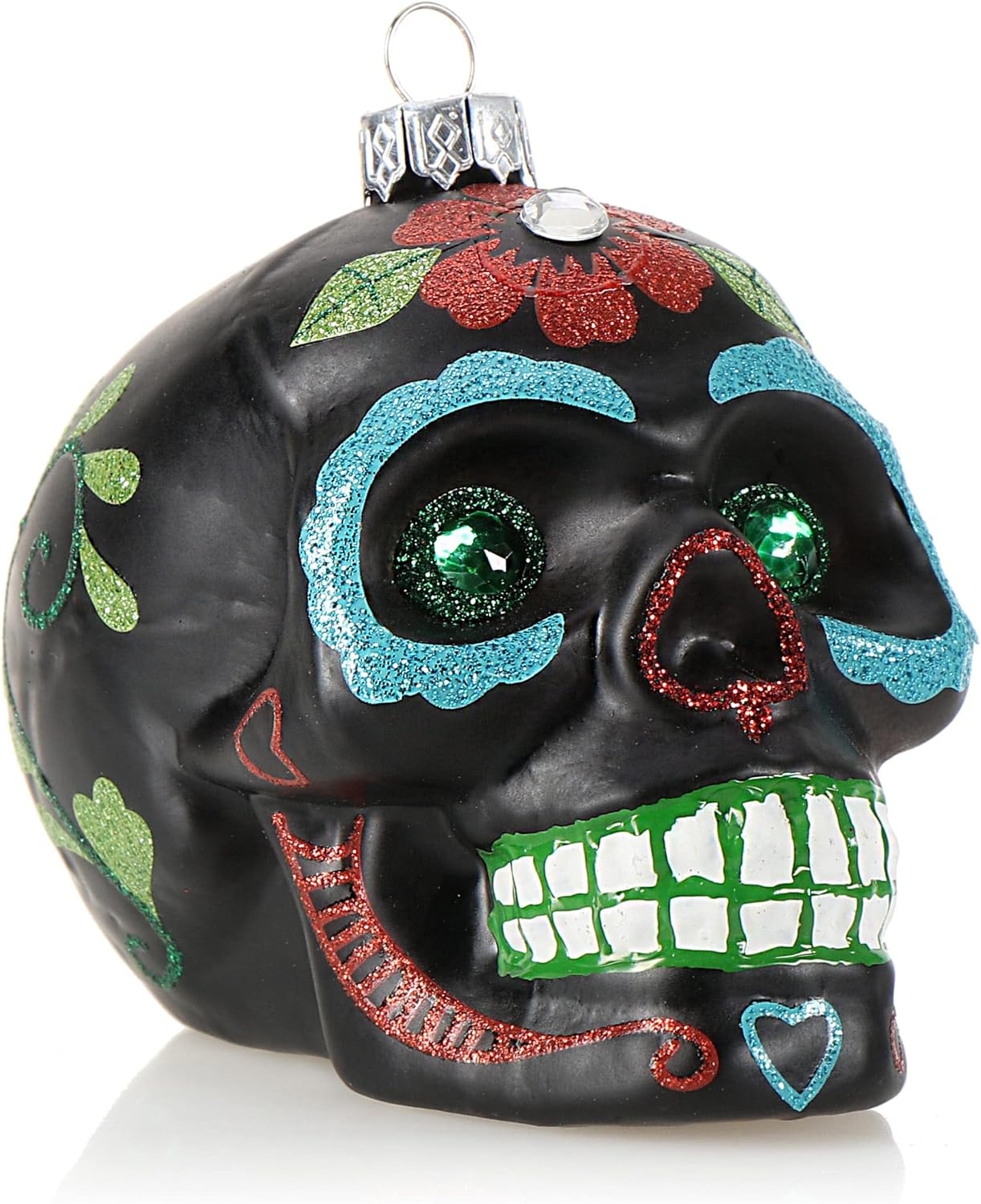 Weihnachtsbaumschmuck Totenschädel, 01 Stück - Schwarz/Grüne Augen