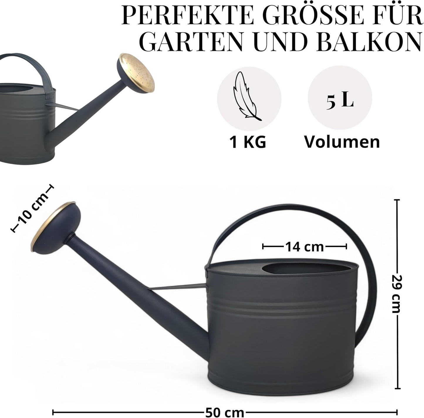 Metall-Giesskanne 5L mit abnehmbarer Brause, Anthrazit
