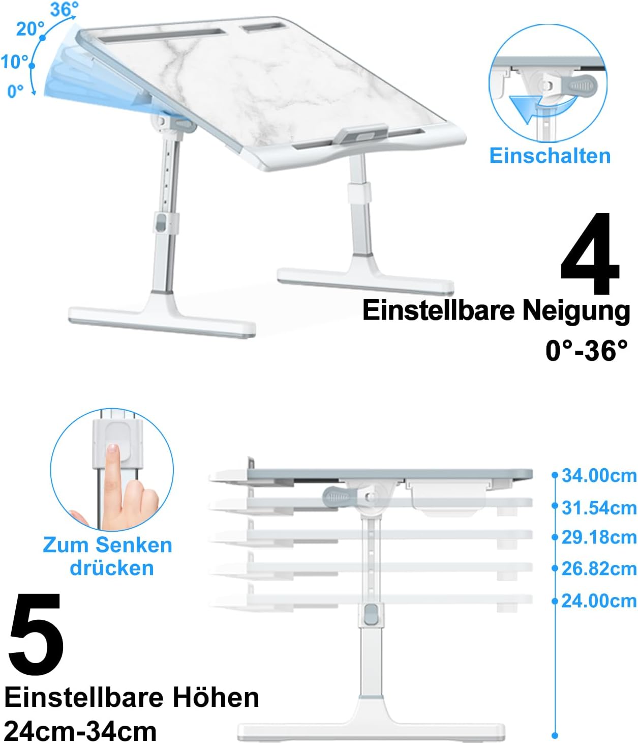 Verstellbarer Betttisch für Laptop und Lesen, Weißer Marmor