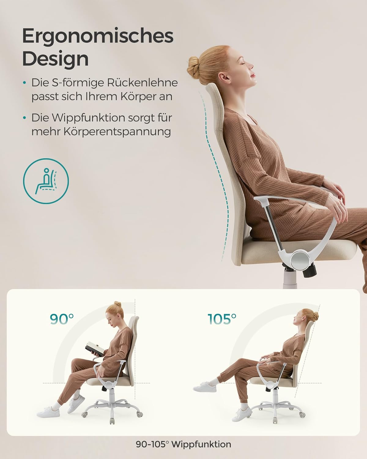 Ergonomischer Bürostuhl, höhenverstellbar, neigbar, Cappuccinobeige 1