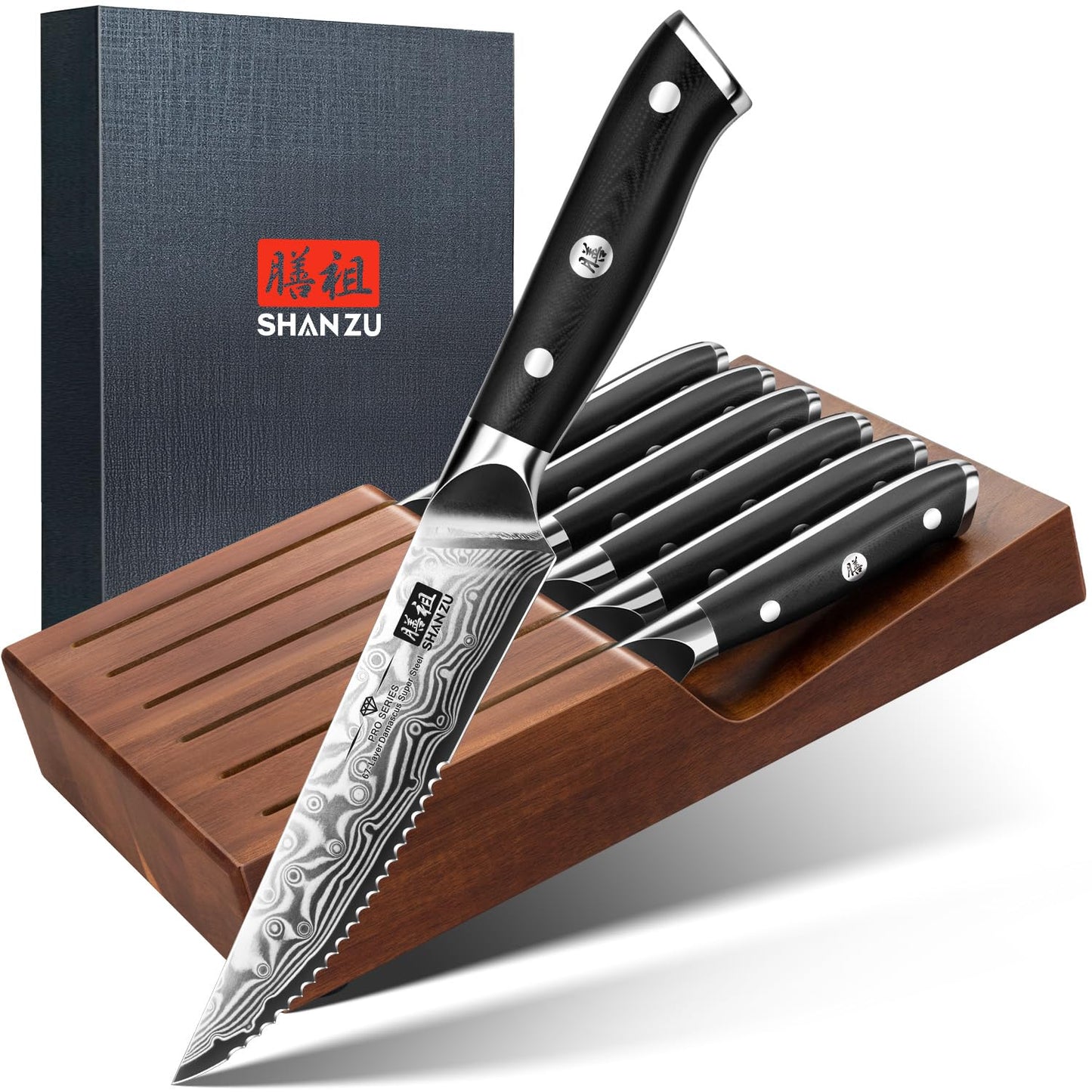 Pro Series Steakmesser-Set mit Wellenschliff und Messerblock, Steakmesser mit Block