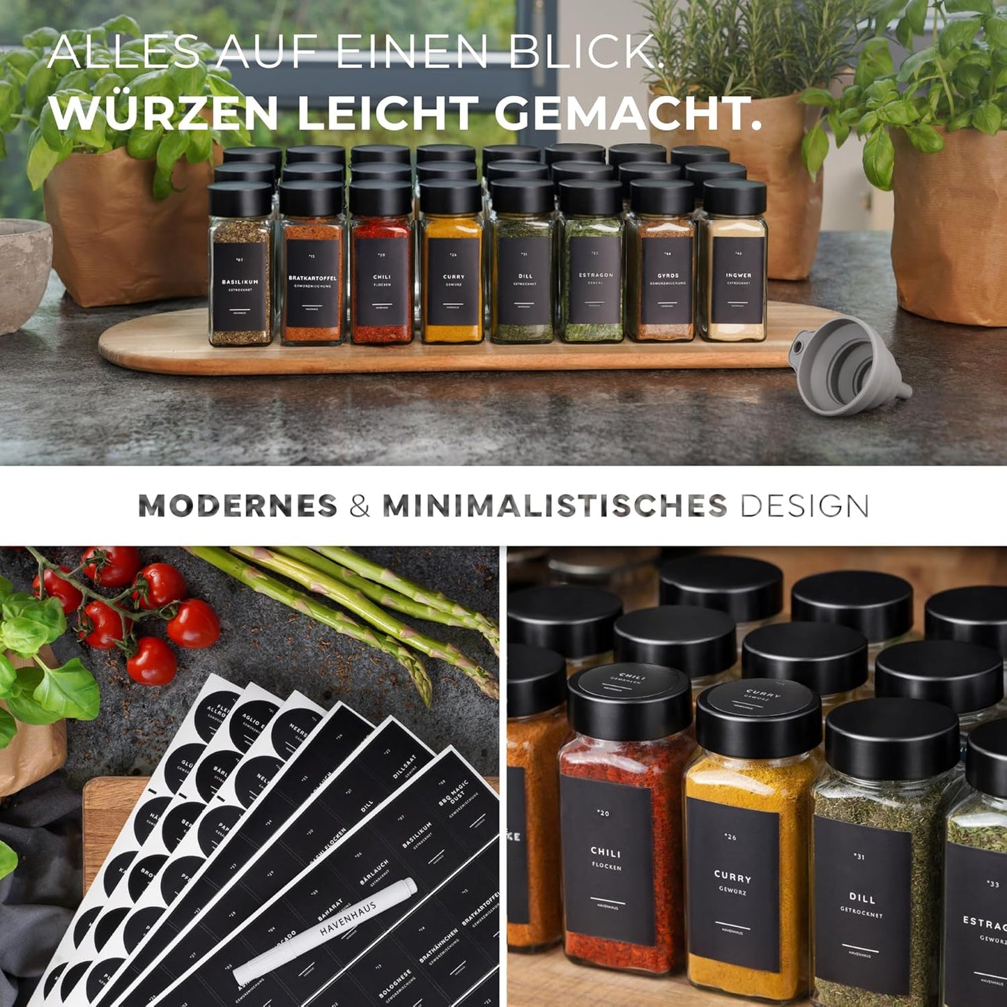 24-teiliges Gewürzgläser-Set mit Etiketten, Edelstahl Schwarz
