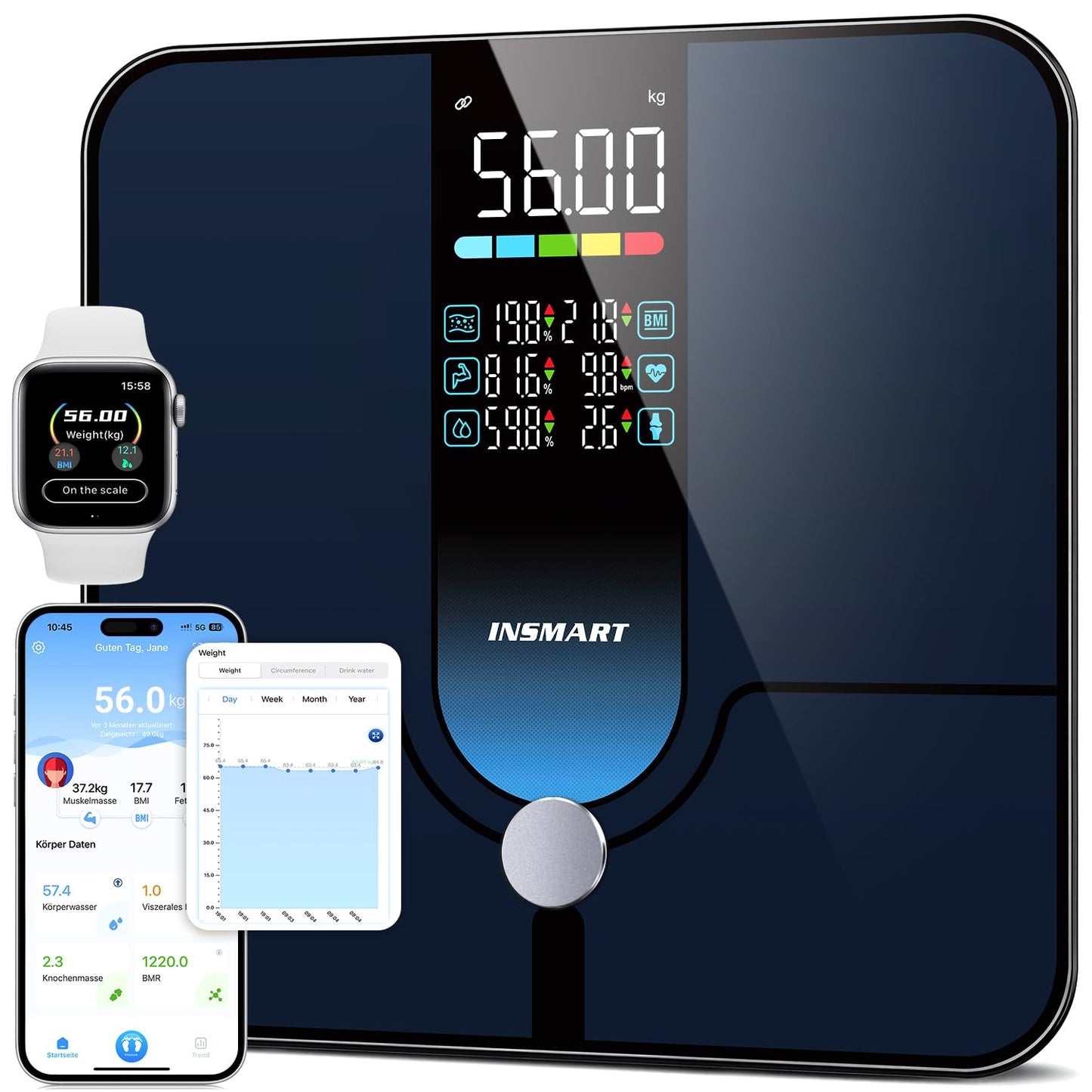 Smart Personenwaage mit App & Bluetooth, Blau-1