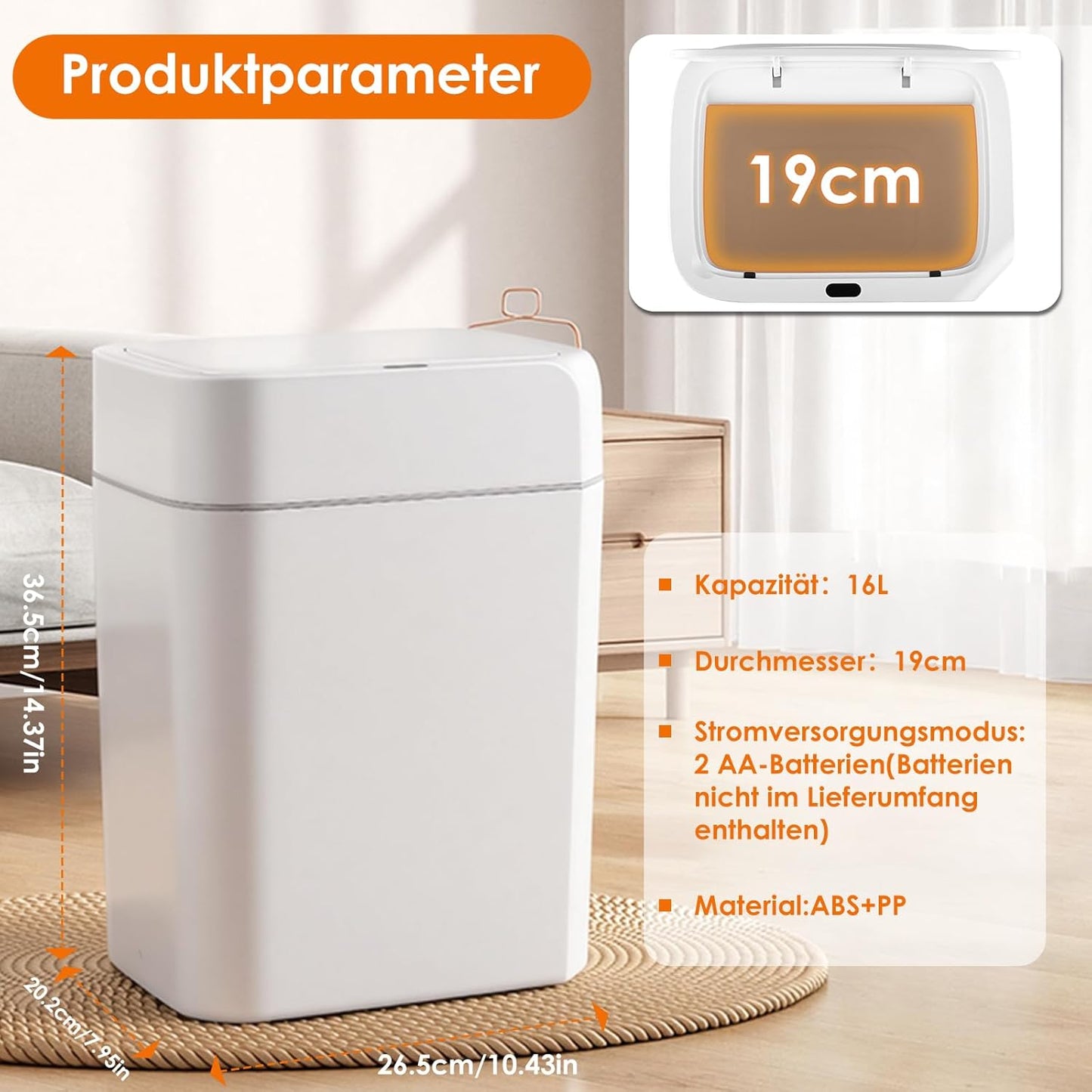 Automatik Touchless Mülleimer mit Sensor, Weiss