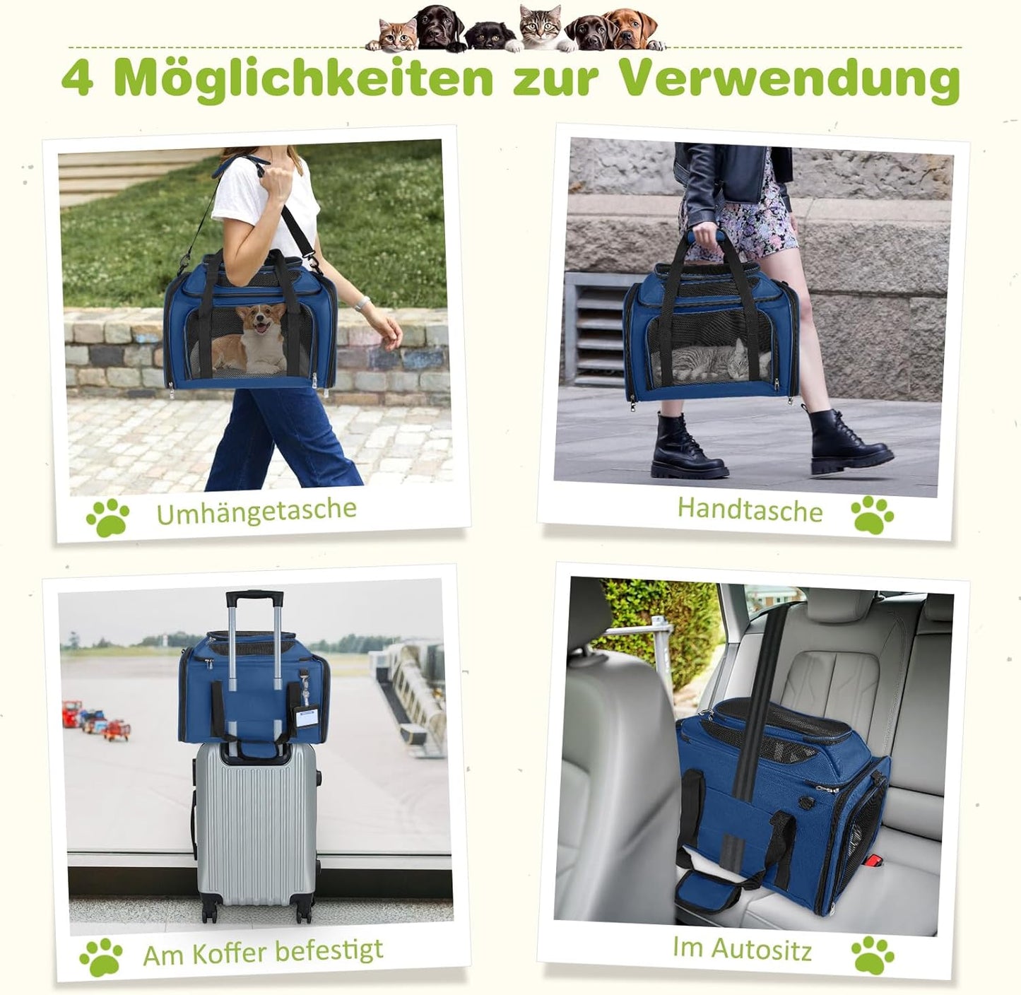 Faltbare Katzentragetasche mit Schultergurt, Dunkelblau 43 x 28 x 36cm