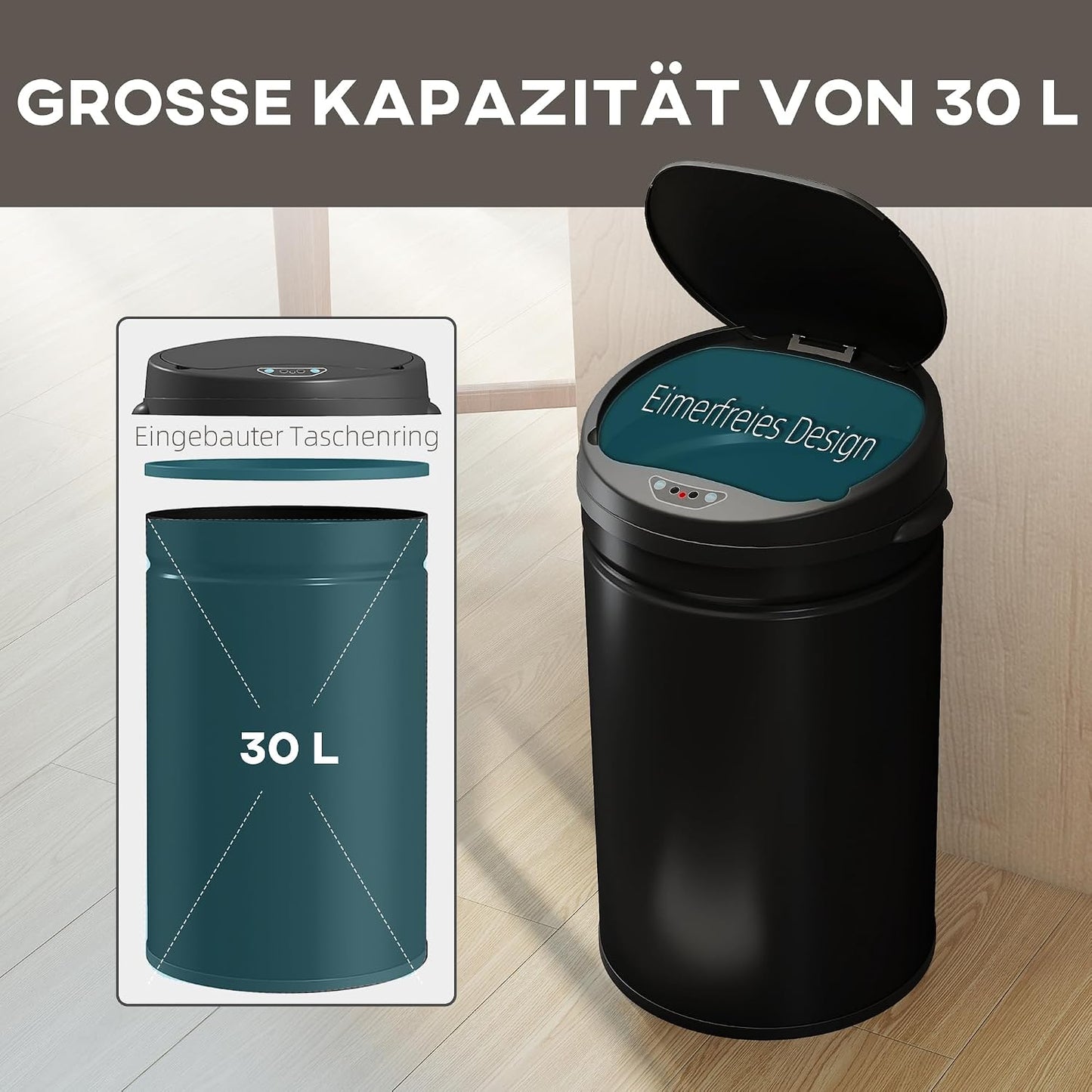 Automatischer Sensor-Mülleimer, 30 L Schwarz