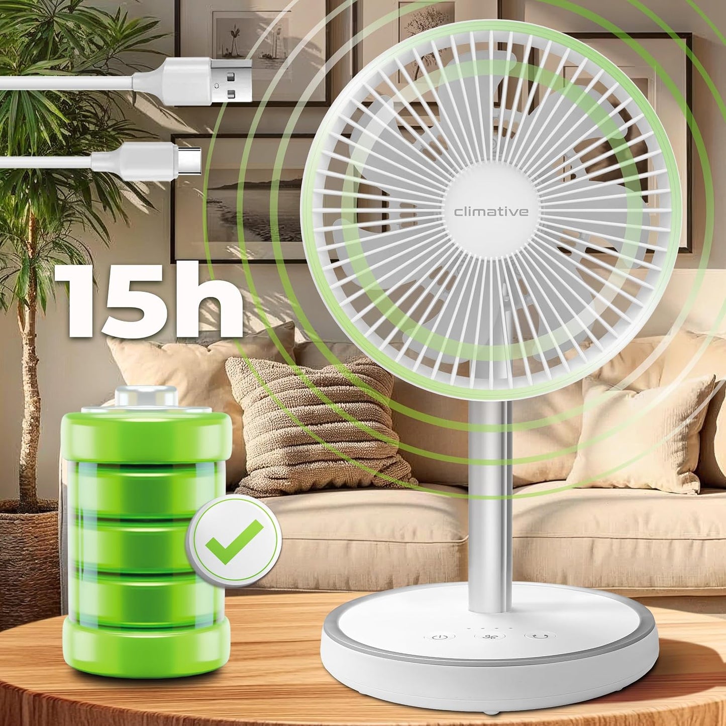 Leiser Akku Tischventilator, Weiss 20 cm