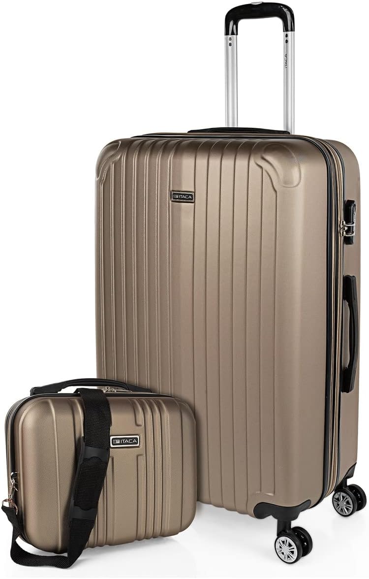 Hartschalenkoffer mit Beautycase, erweiterbar & Zahlenschloss, Champagner L + XS