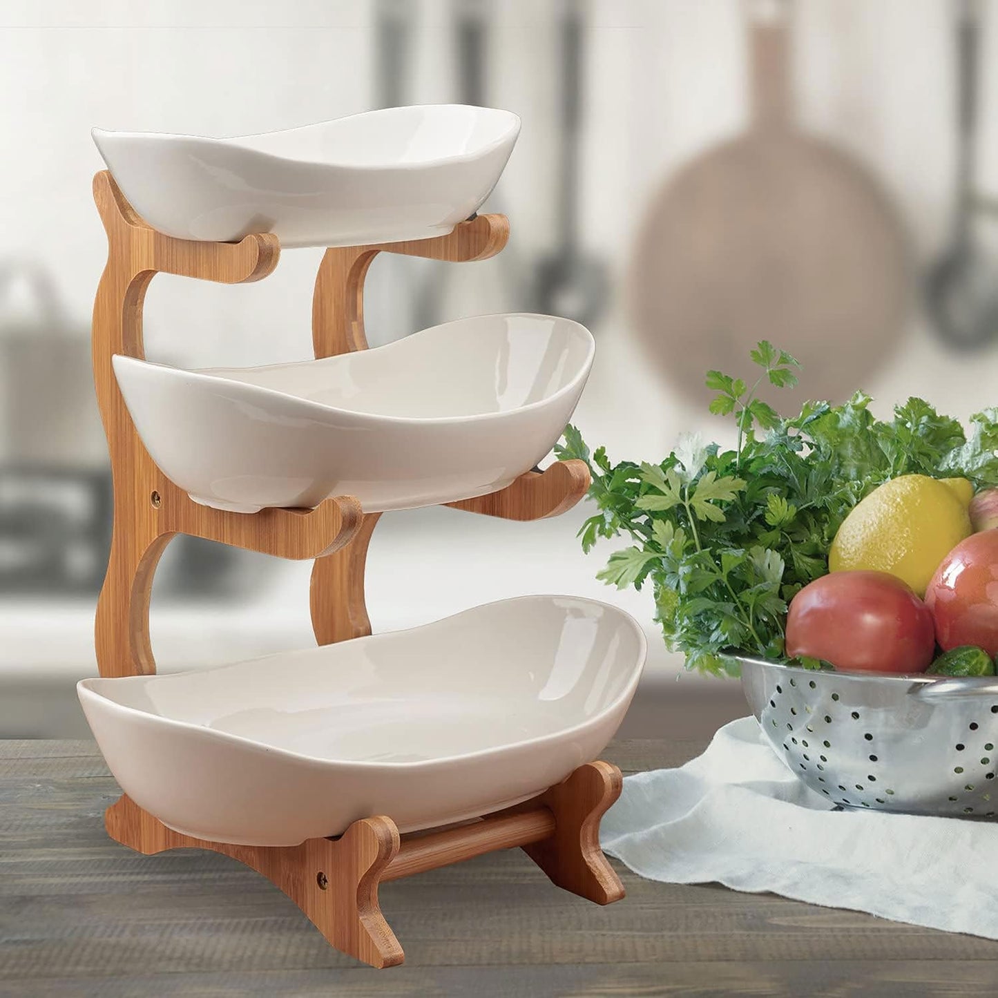 3-stufige Etagere mit Bambusgestell, Keramik