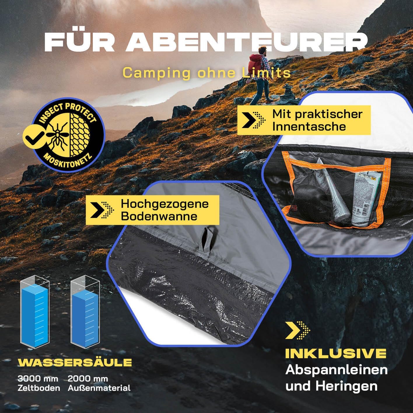 Pop Up Wurfzelt, Grau Orange 2-3 Personen | 1 Eingang