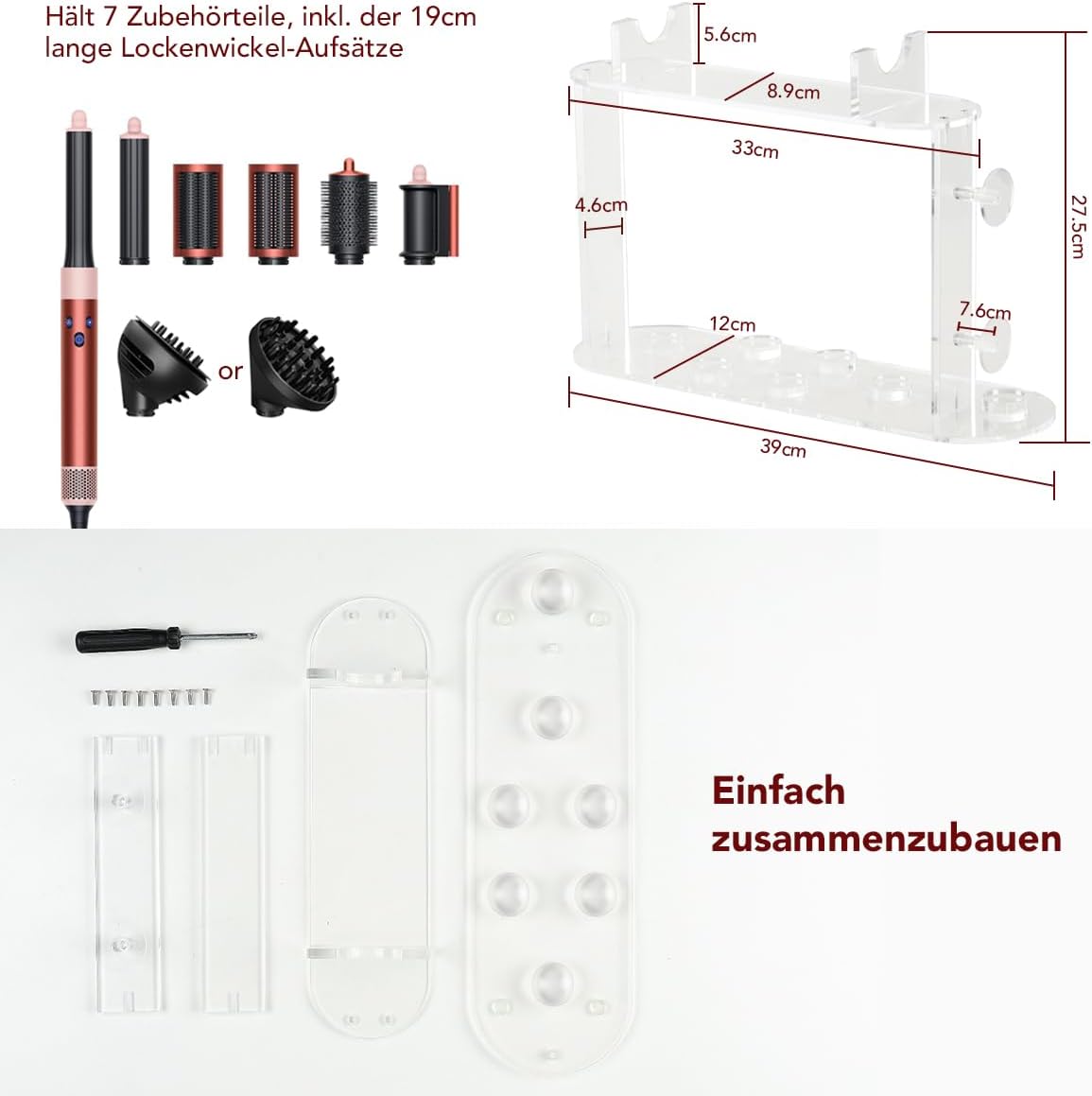 Haartrocknerhalter für Dyson Airwrap, 7 Fächer, Transparenter