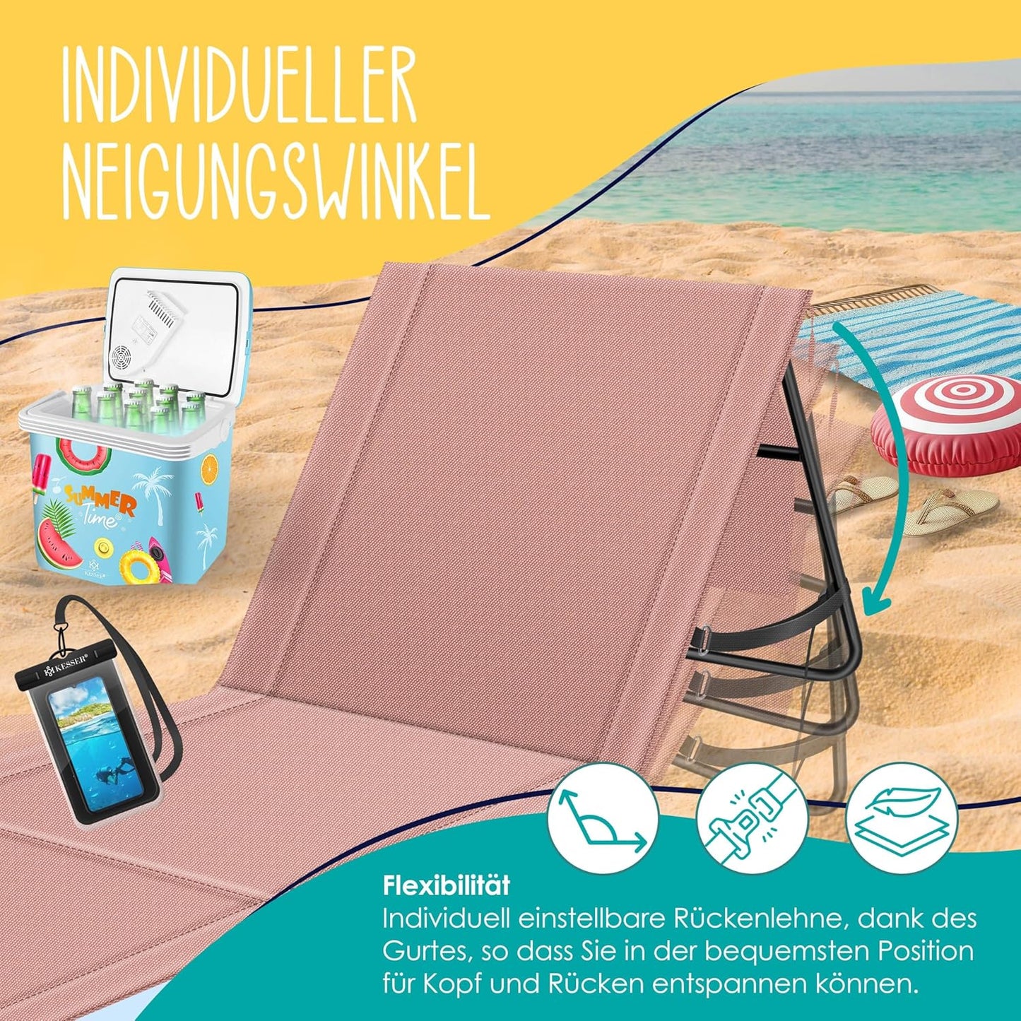 Klappbare Strandmatte mit verstellbarer Rückenlehne und Tragegurt 2er-Set, 2 Stück Rose Blush
