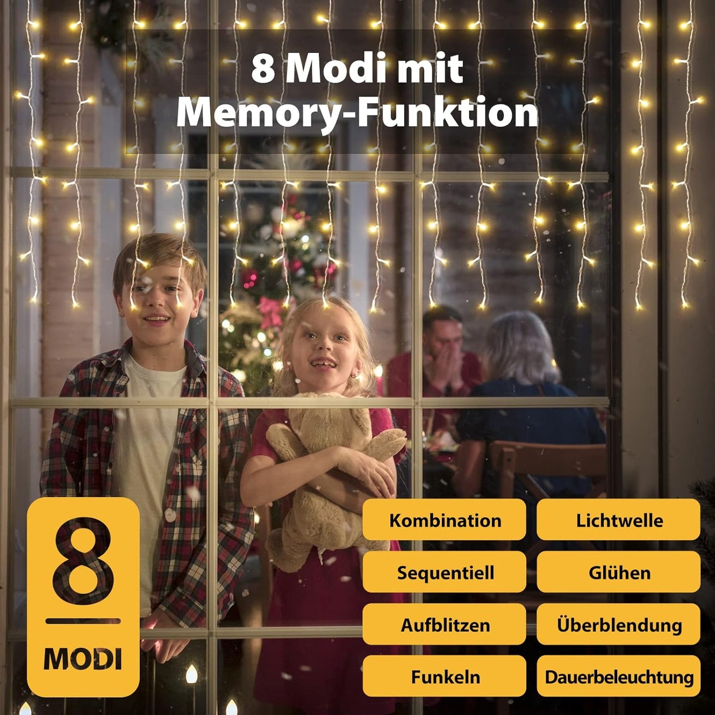 LED Eisregen Lichtervorhang mit 9 Modi und Memory-Funktion, Warmweiß 2m