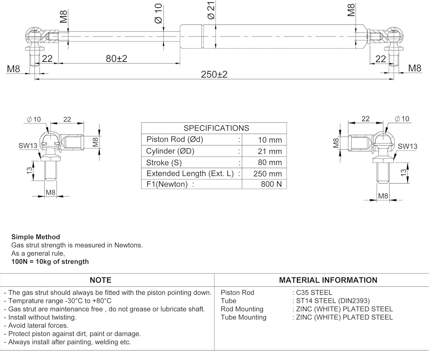 Gasdruckfeder für Türen und Autos, 800N, 250mm, 800 Newton 250 mm