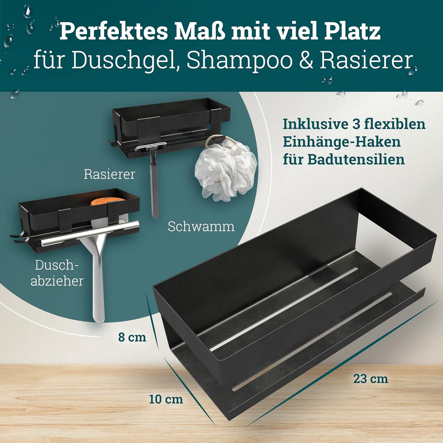 Duschablage mit Haken, Edelstahl Matt-schwarz