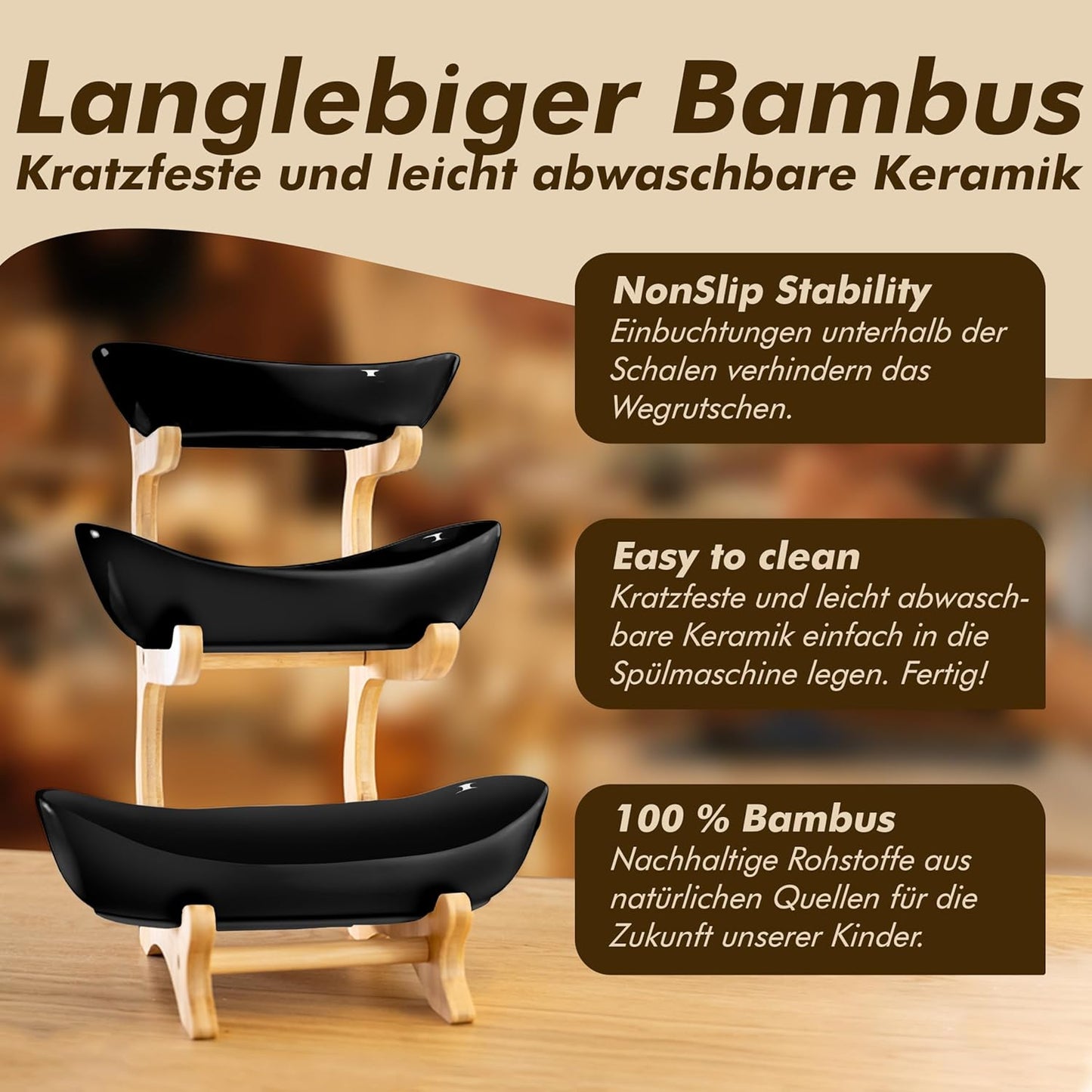 Obst Etagere 3-stöckig mit Bambusständer, Schwarz